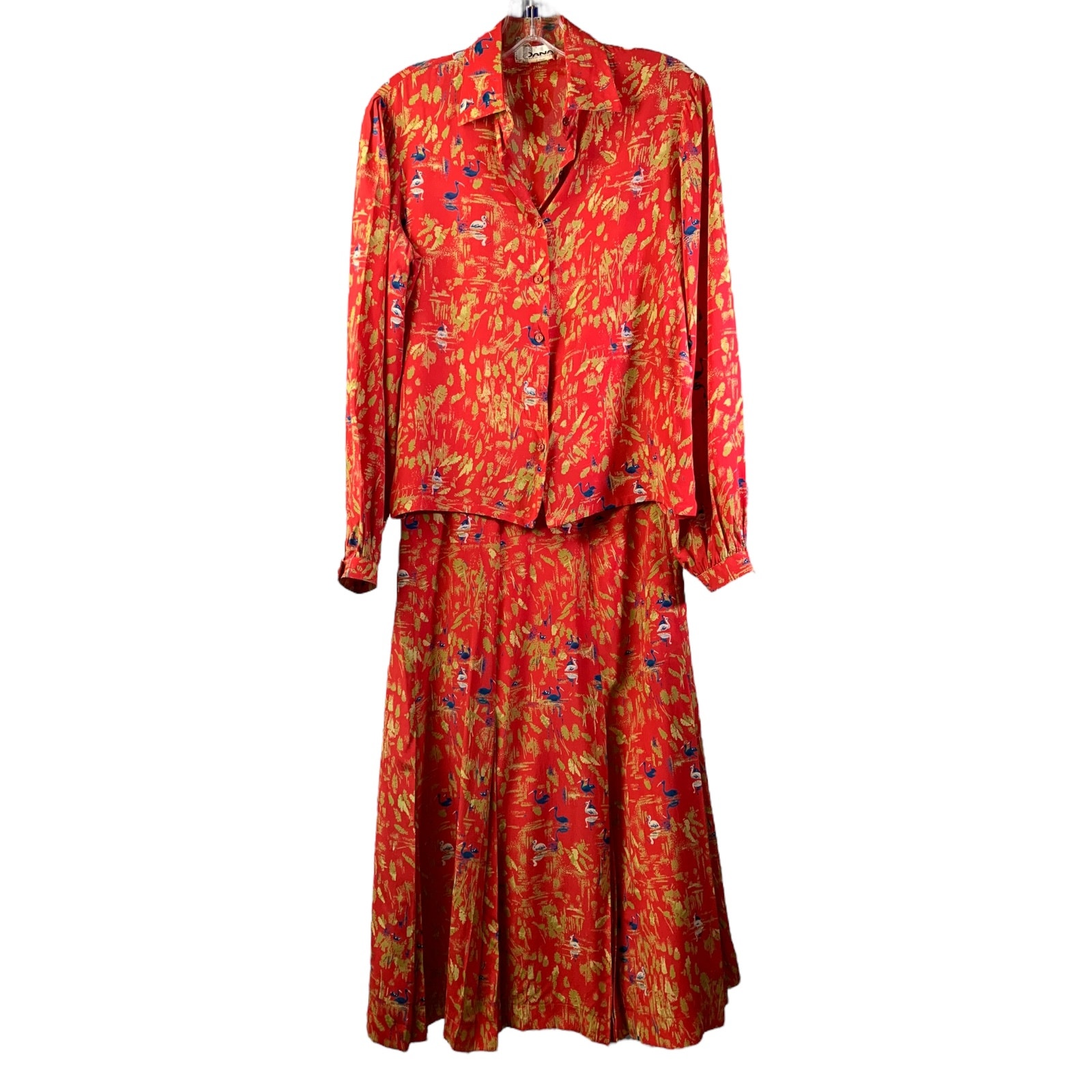 Dana Cote D'Azur Skirt + Blouse Set Womens 10 Red 100% Silk Long Sleeve Pleated