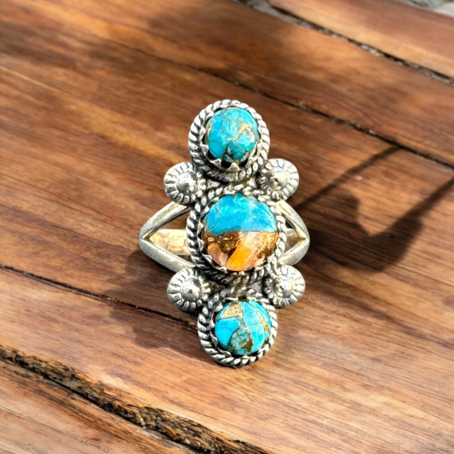 Turquoise & Spiny Oyster Solid 925 Sterling Silver Ring 6