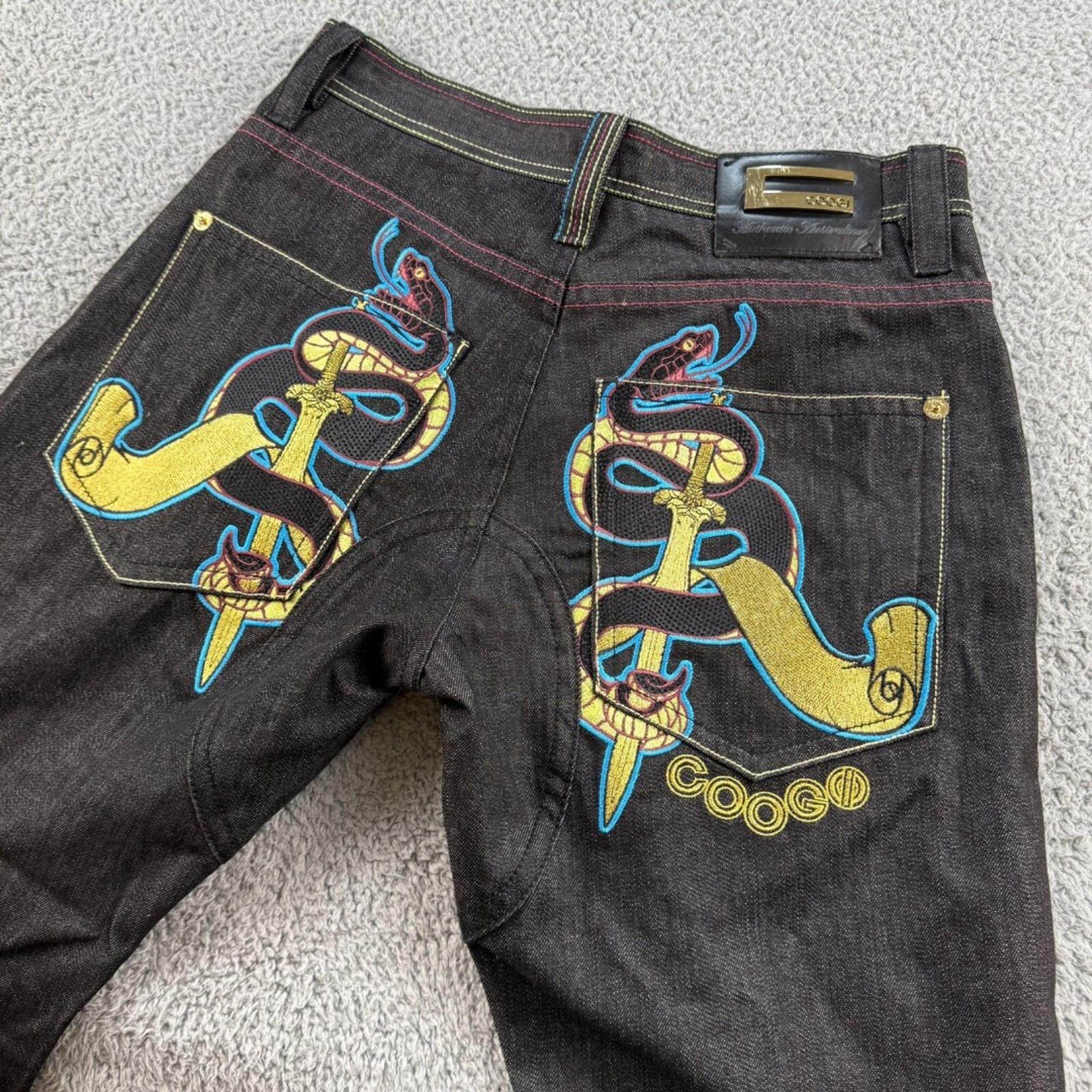 COOGI Jeans Mens 32x34 Black Embroidered Snake Sword Baggy Hip Hop 90s Y2K Denim
