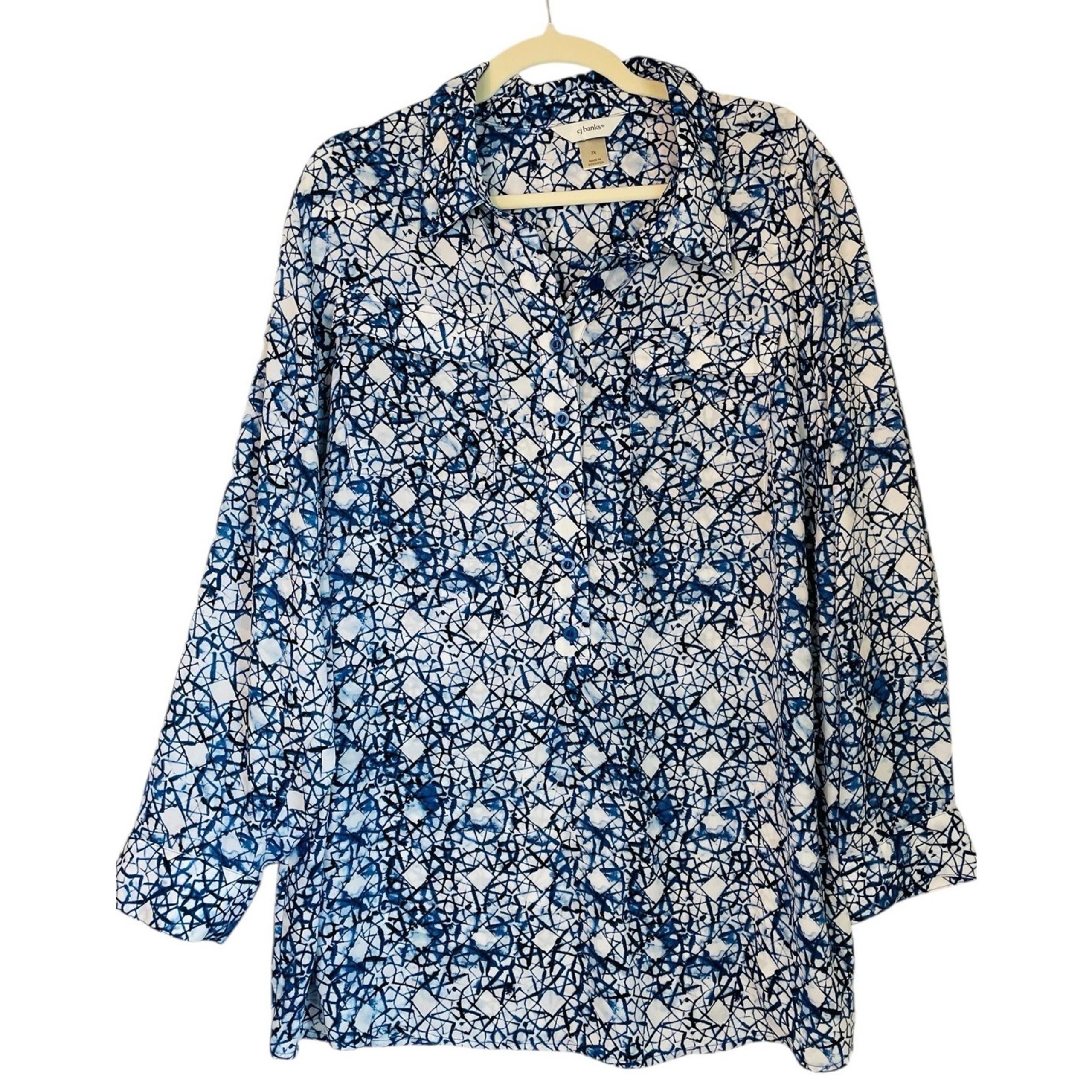 Cj Banks Long Sleeve Half Button Blue White Batik Print Georgette Blouse Size 2X