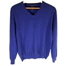 Men's Club Room Sweater Merino Wool Blue V Neck Nordic Alpine Ski Outdoors Large