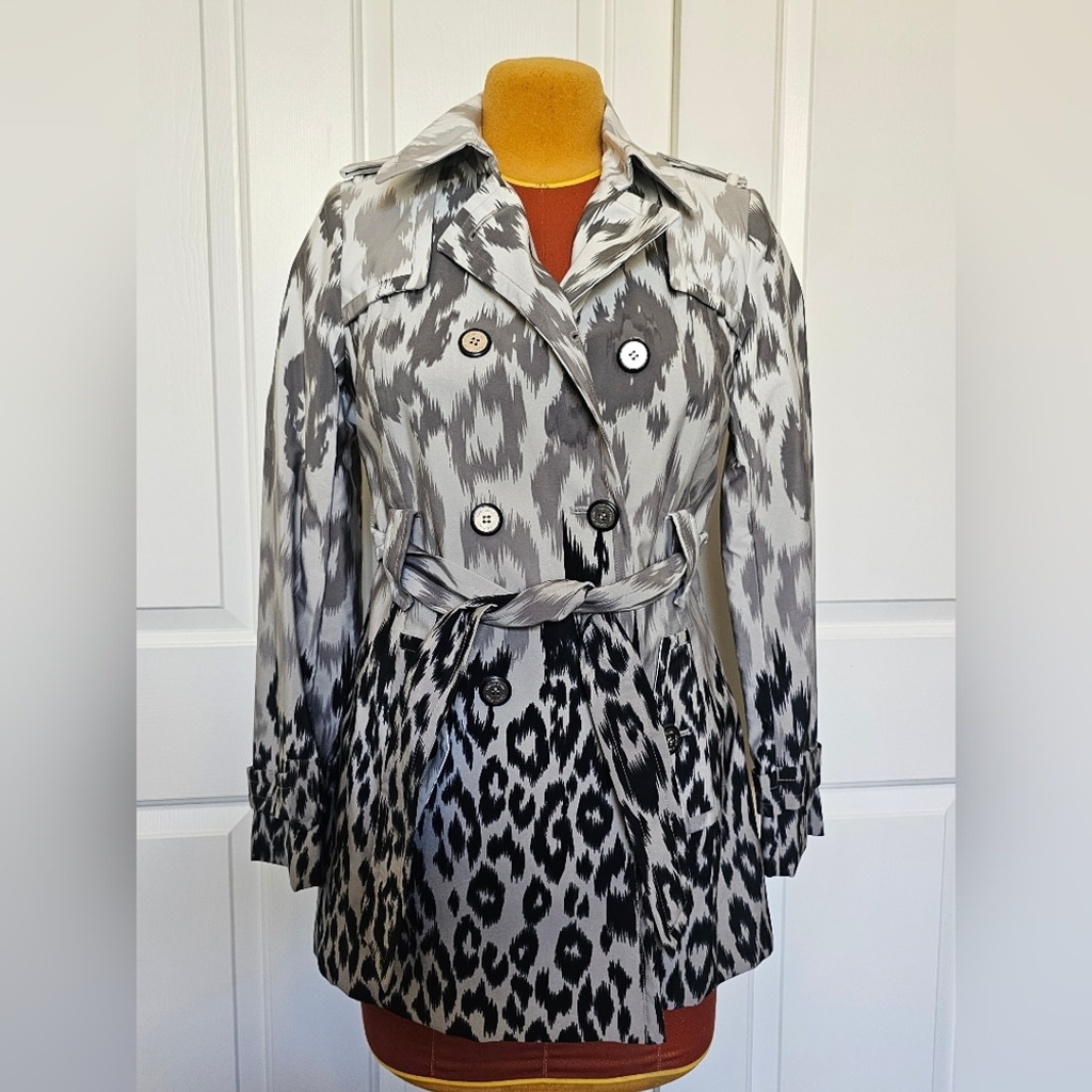 Calvin Klein Gray and Black Trench Coat with Animal Print