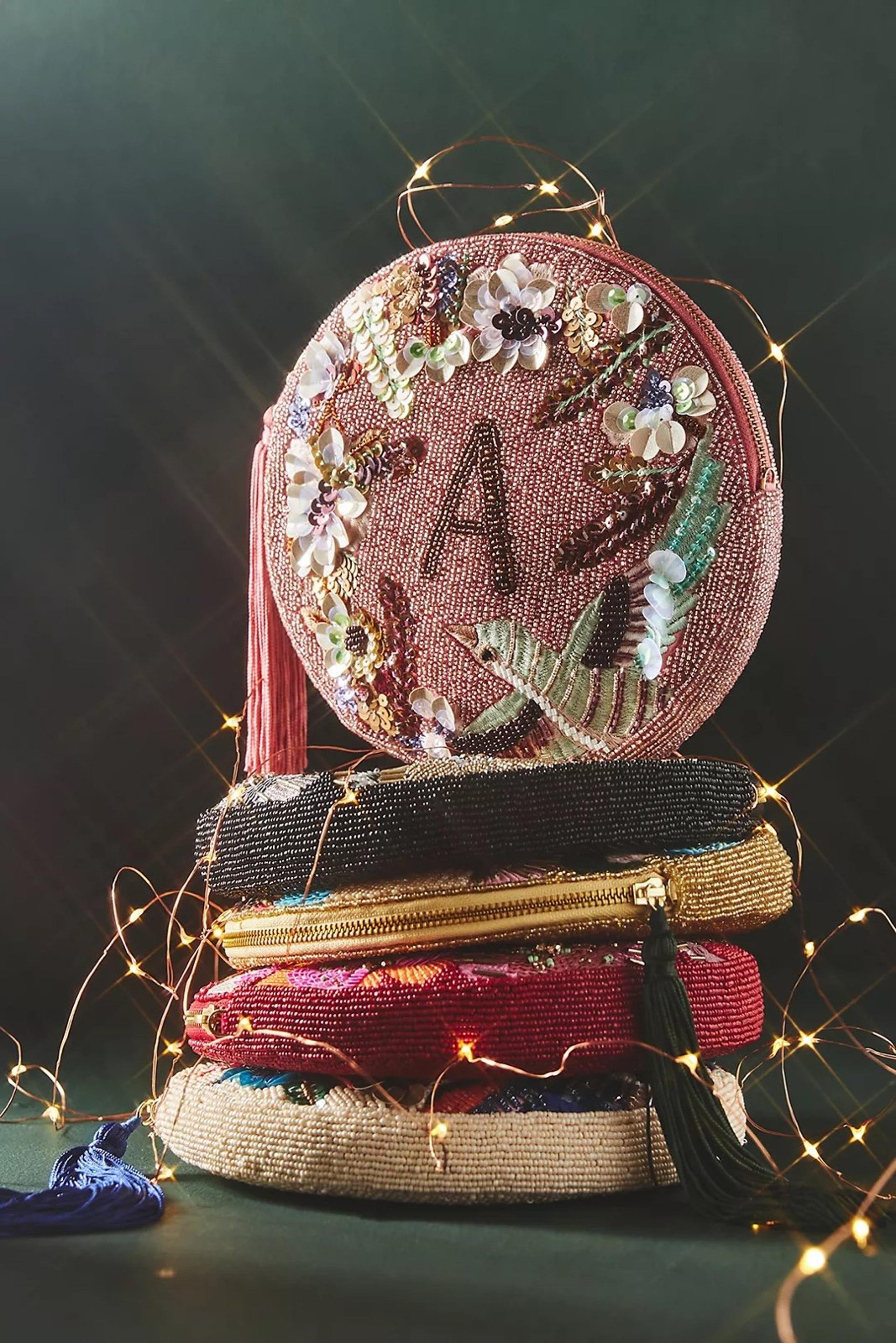 Anthropologie Holiday Monogram Embellished Pouch Sequin Letter A.