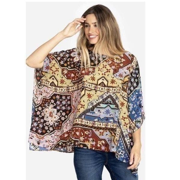 Johnny Was Silk Miklos Easy Top With Kimono Sleeve Caftan Blouse Boho XS NWOT