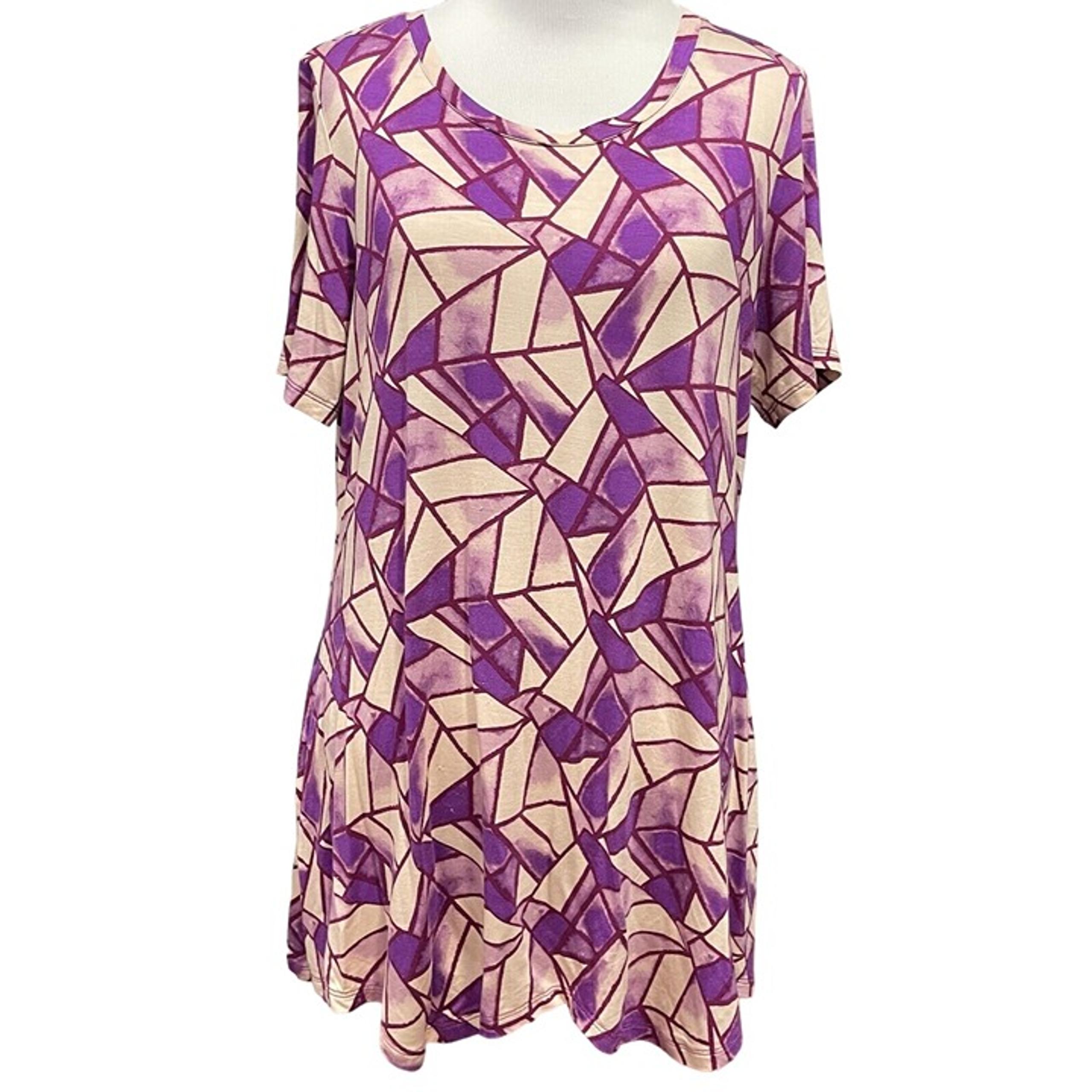 LOGO by Lori Goldstein Short Sleeve Top Purple Blouse Flowy Geometric Artsy M