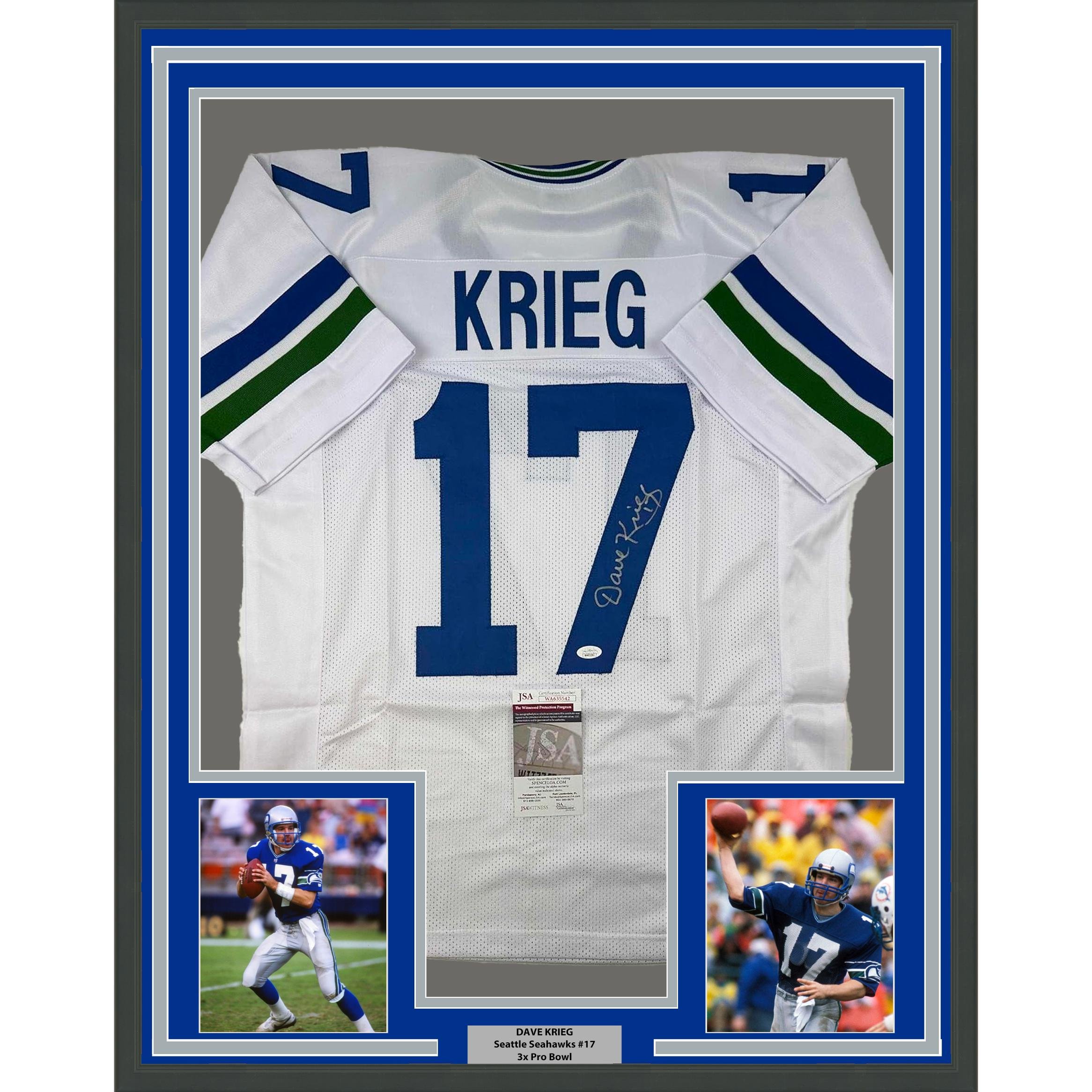 Framed Autographed/Signed David Krieg 35x39 Seattle White Jersey JSA COA