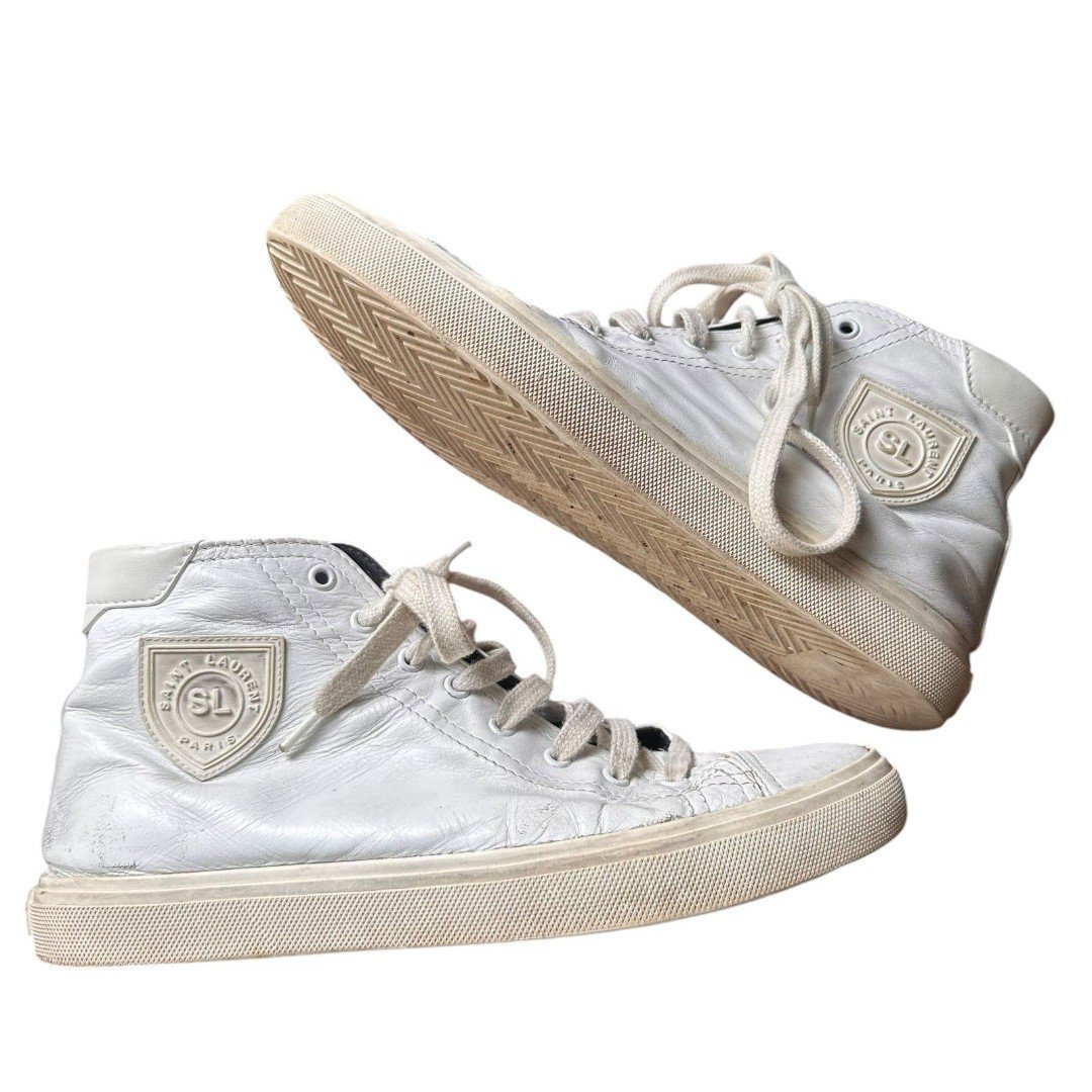 SAINT LAURENT Distressed High Top Leather Sneakers White Sz 11