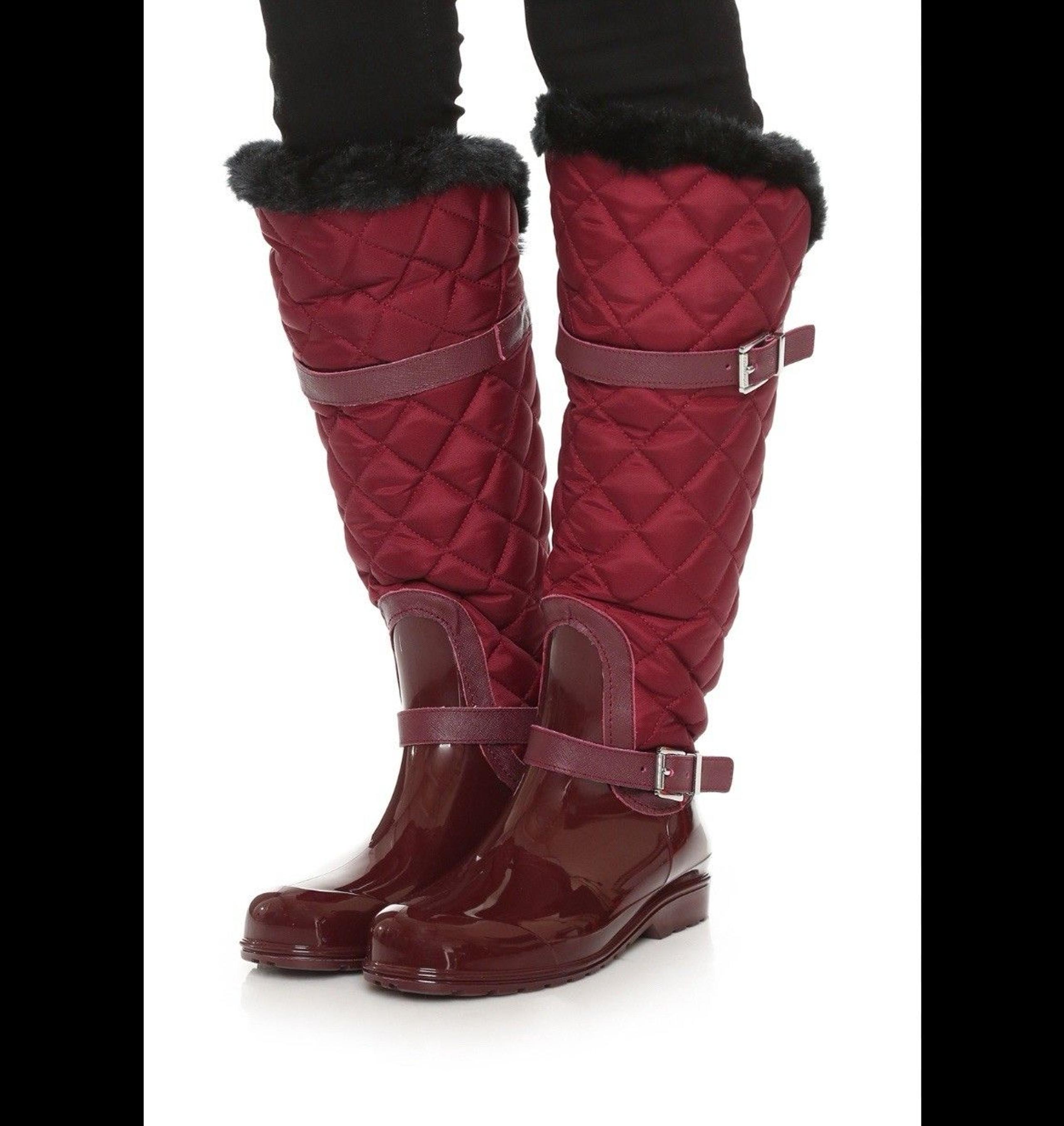 Michael Kors Red Fulton Quilted Rain Boots MK Burgundy Size 8 Buckle Faux Fur