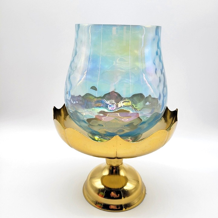 Large Optic Iridescent Pillar Candleholder With Brass Base Empoli?