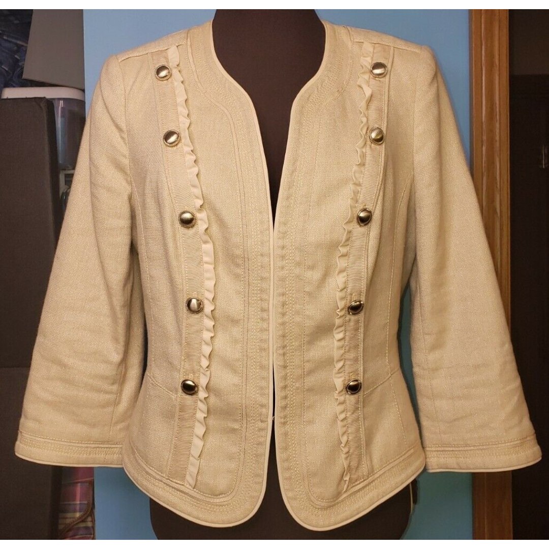 White House Black Market Size 6 Military Inspired Linen Blend Jacket Blazer Gold