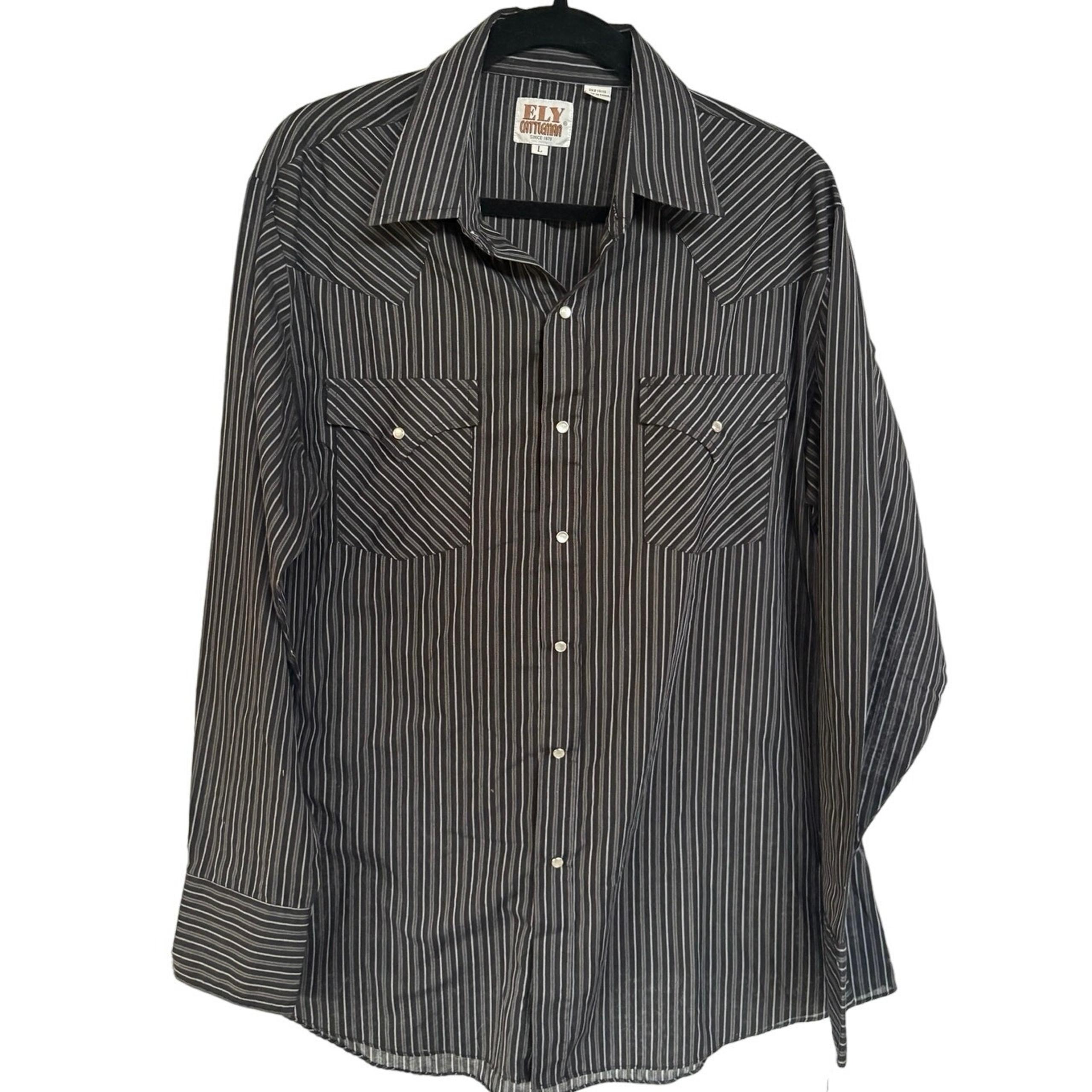 Vintage Western Rodeo Retro Black Cowboy Barn Striped Pearl Snap Shirt Men Large
