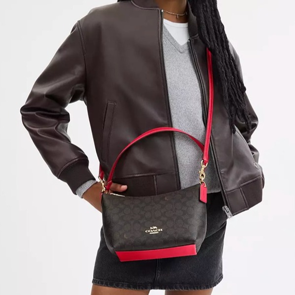 NWT COACH Zip Top Shoulder Bag In Signature Canvas - CX610 Gold/Walnut/Bold Red