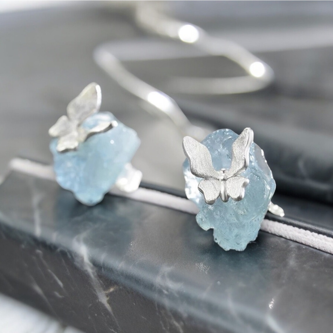 NEW sterling silver butterfly earrings w raw blue natural gemstone jewelry B19
