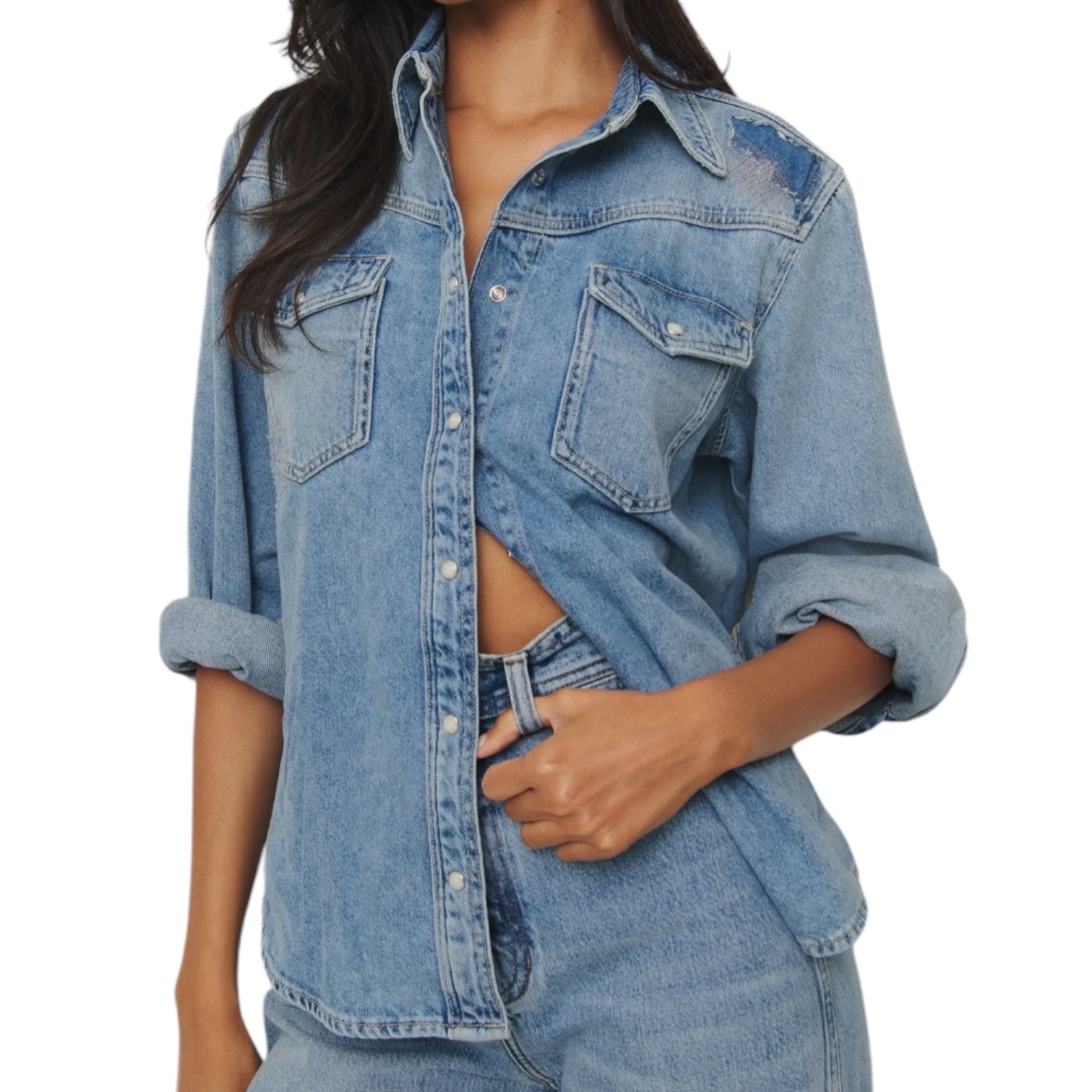 Reformation x Kacey Musgraves Deeper Well Denim Snap Up Shirt Size XS