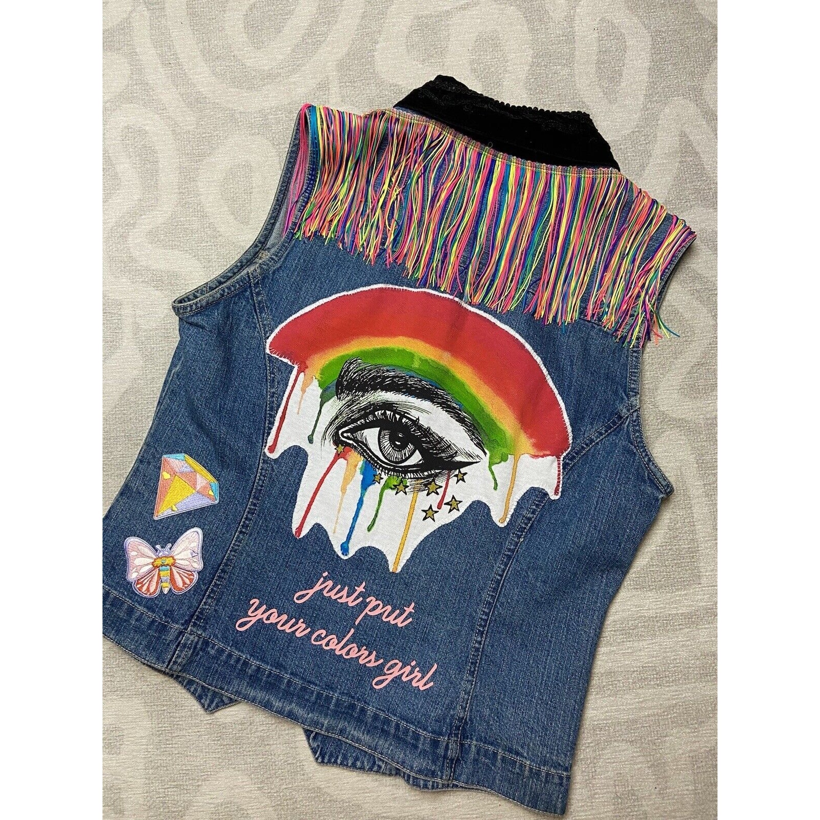 Keha Rainbow Tassel Upcycled Denim Vest, Size Medium