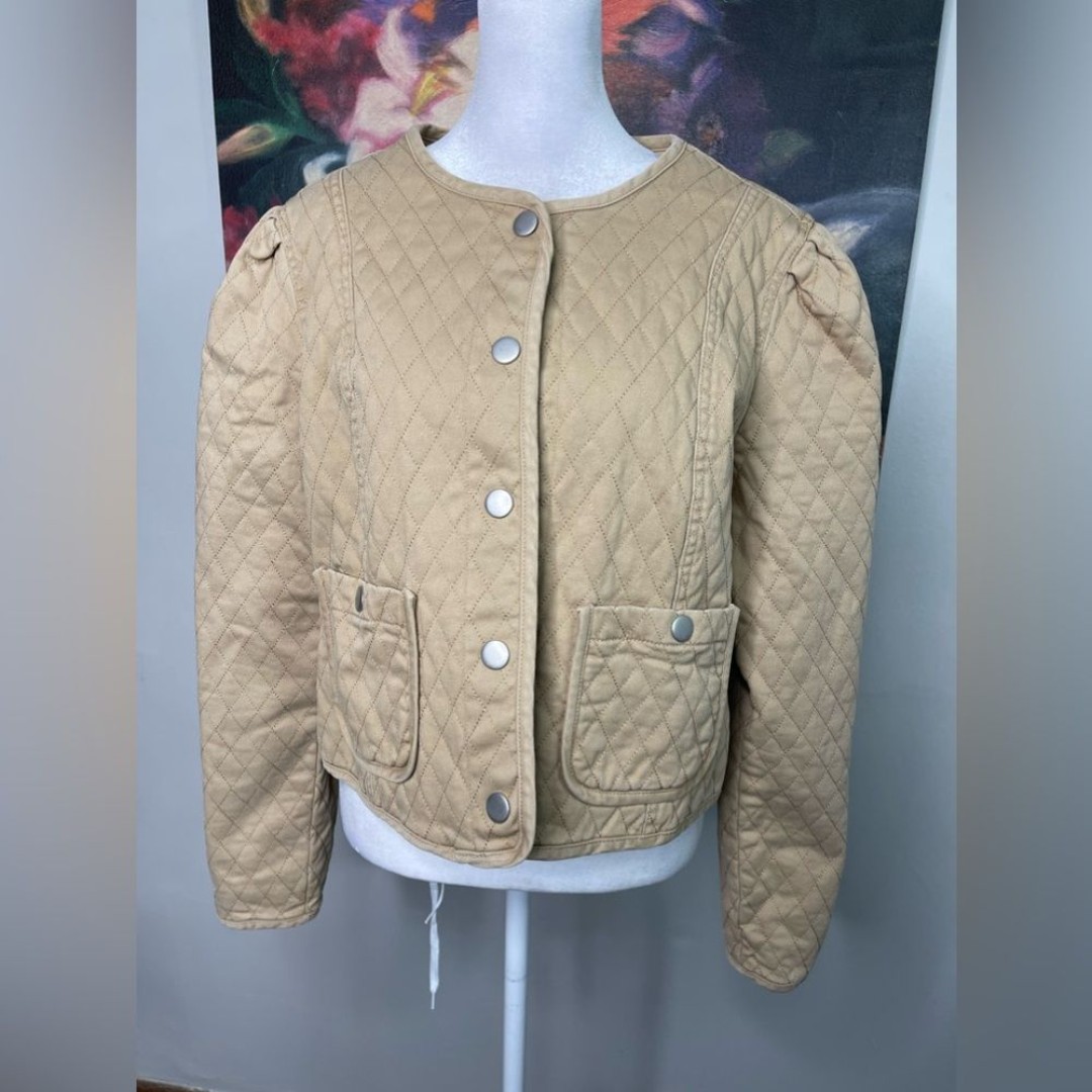 Ophelia Roe Tan Quilted Jean Jacket NEW Sz XL Puff Shoulders Feminine Dupe
