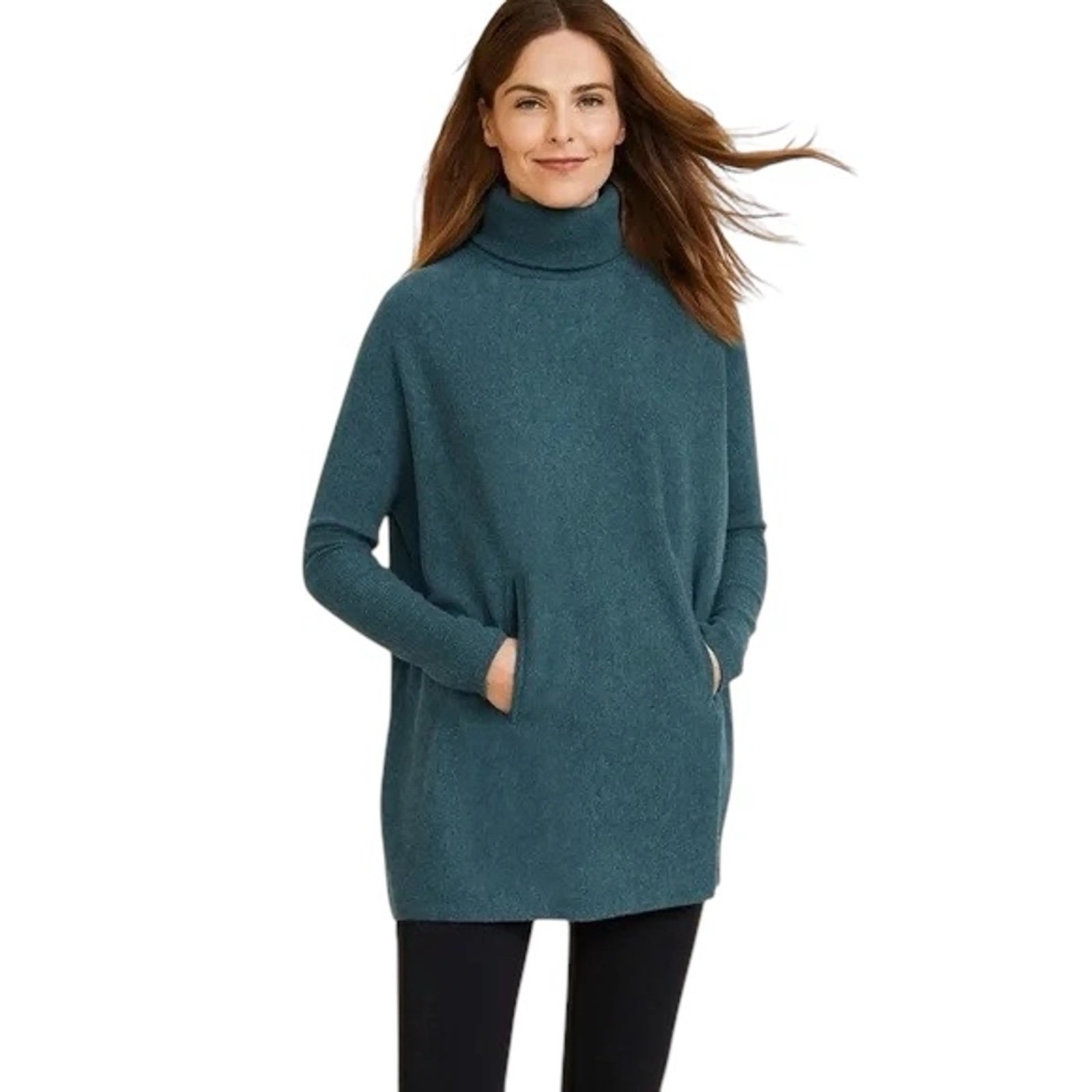 Garnet Hill Oversized Turtleneck Wool Cashmere Teal Sweater