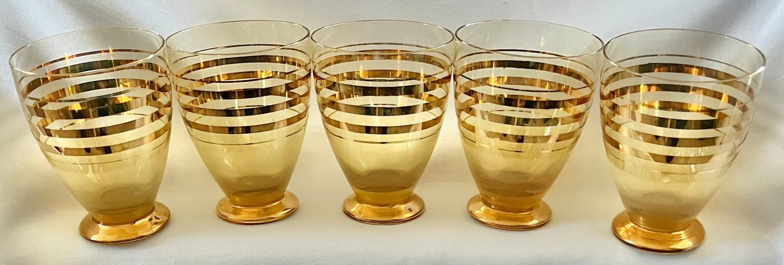 Set of Five 1950s/1960s Amber and Gold Banded Rumanian Glass Tumblers