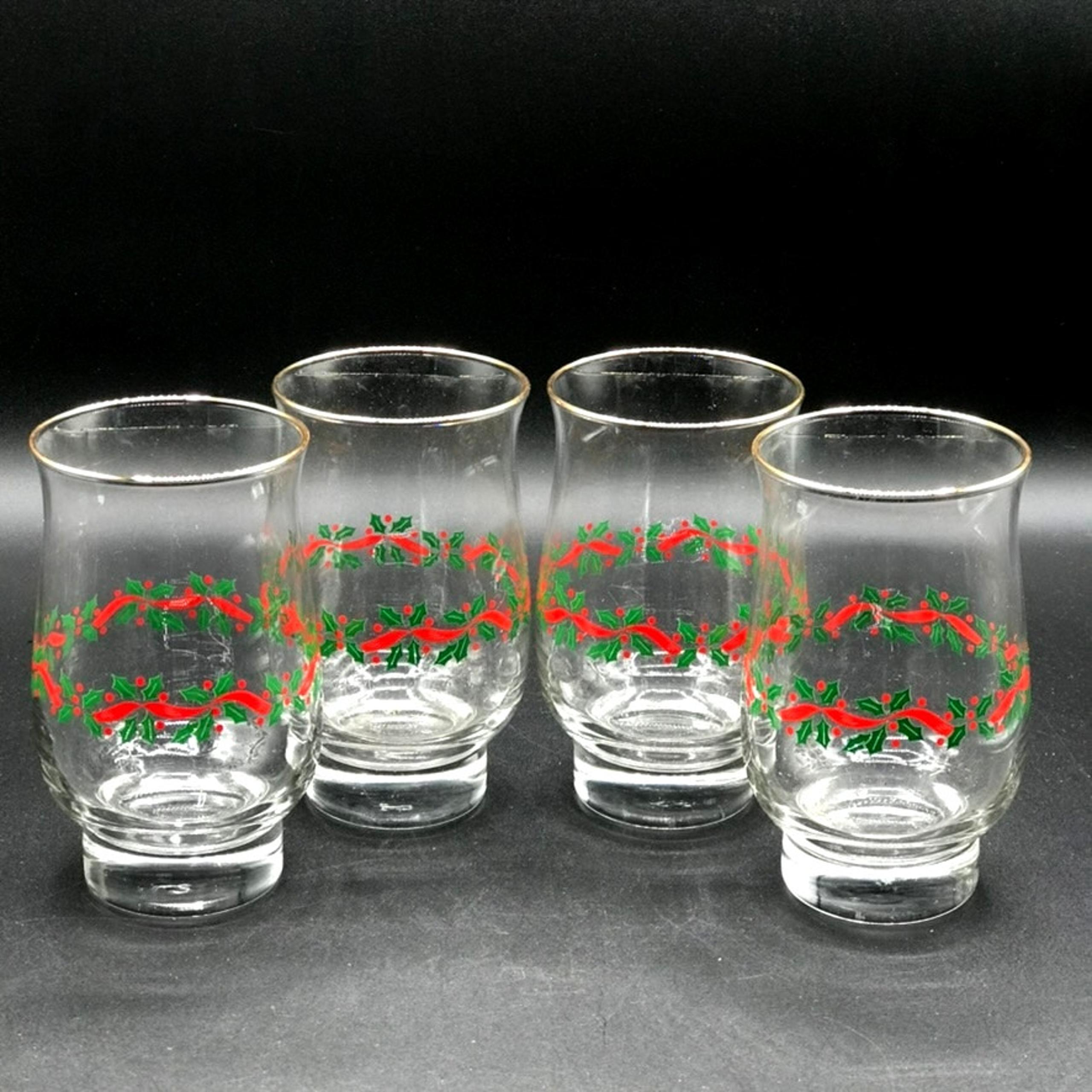 Vintage Libbey Set of 4 Christmas Glasses Gold Rim Holly Holiday Red Ribbon 5"