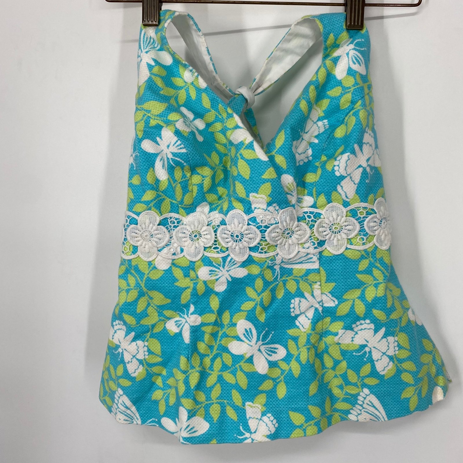 Vintage 90’s Lilly Pulitzer Blue Green Butterfly Print Lace Halter Top