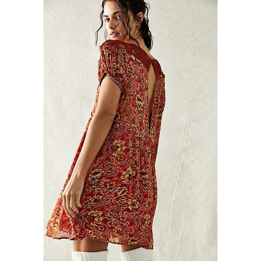 New Free People Margot Boho Floral Mini Dress 168 X-SMALL Terracotta