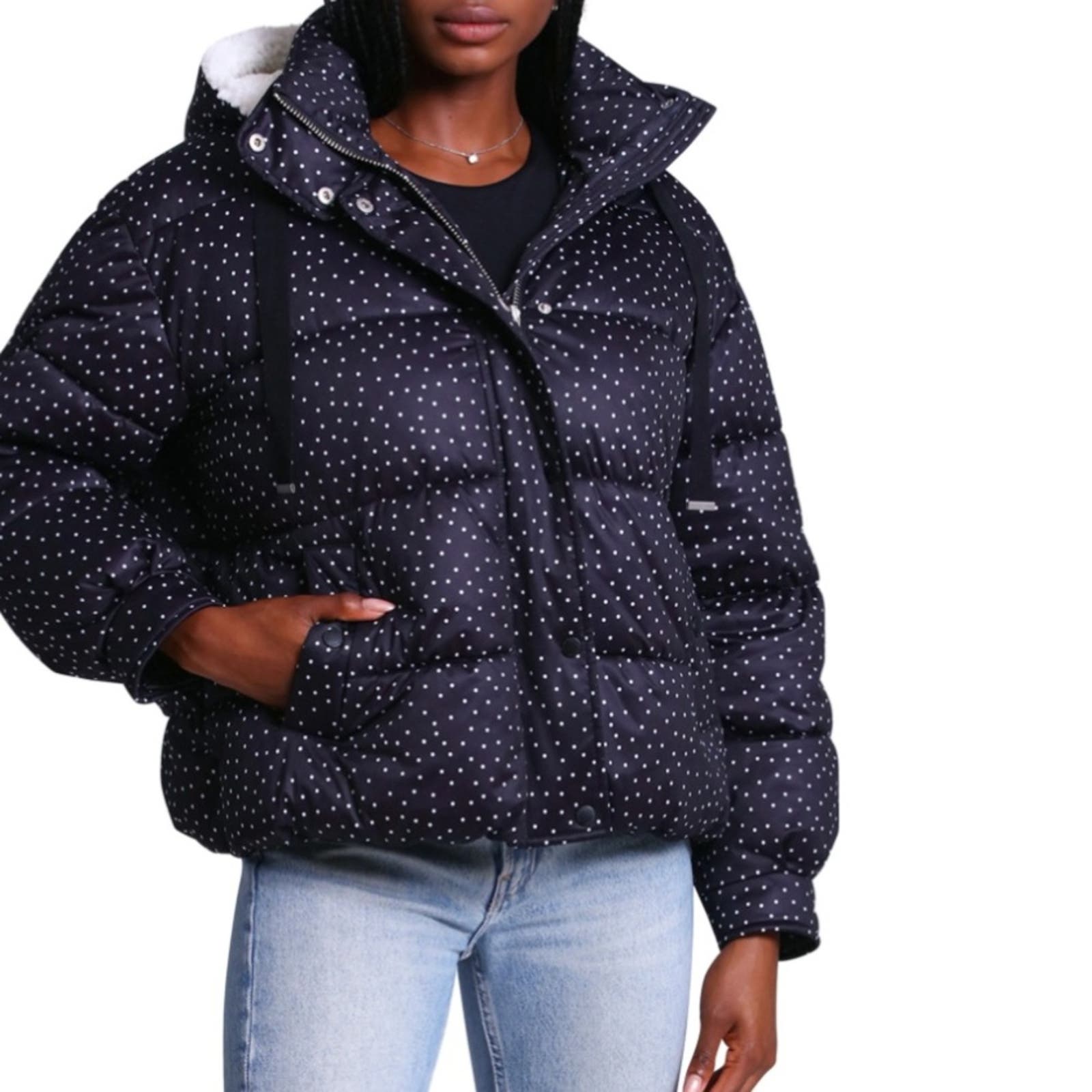 Avec Les Filles Womens L Water Resistant Puffer Jacket in Black White Dot NEW