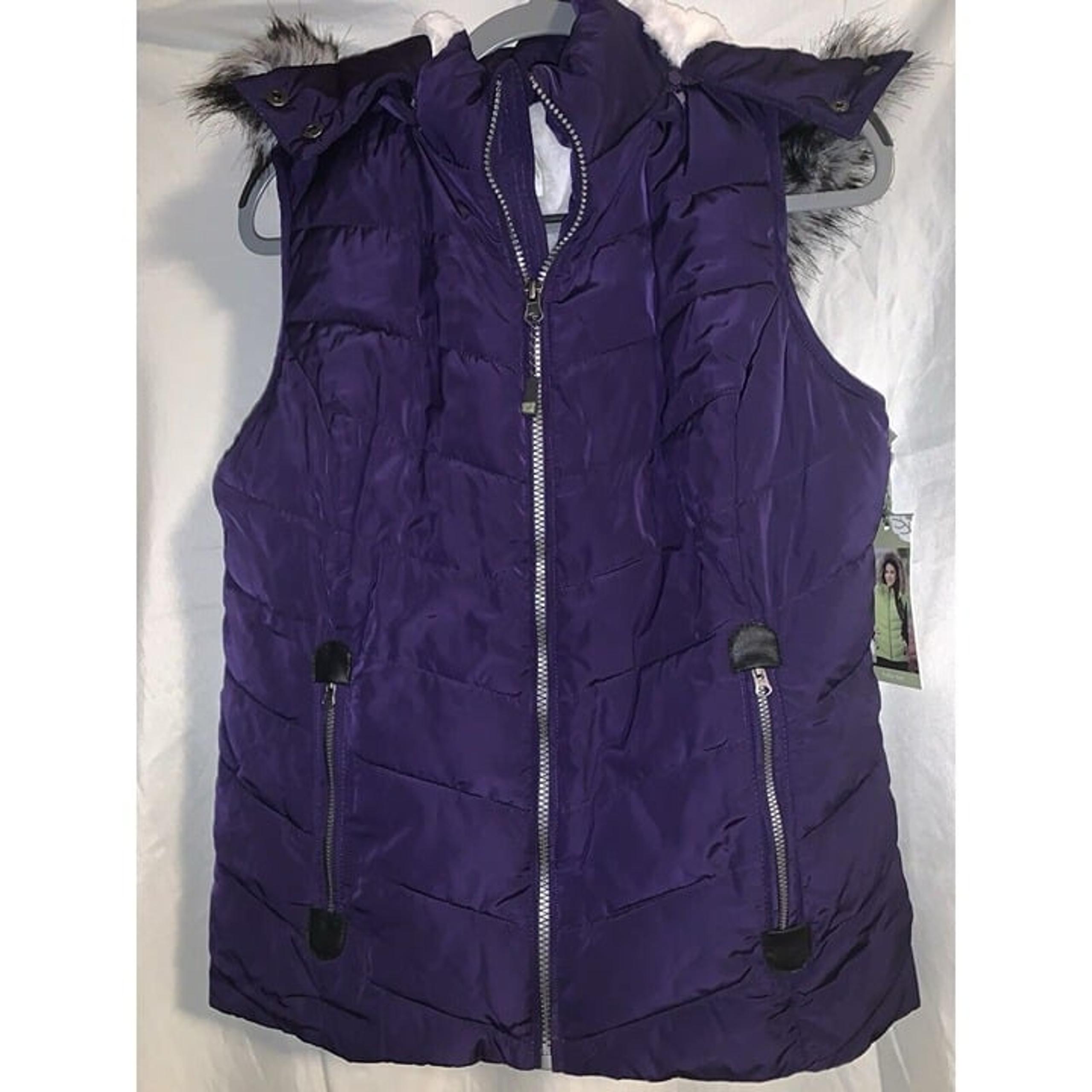 Green Tea Puffer Hooded Vest Purple Fleece Lined  Full Zip Quilted Pockets M