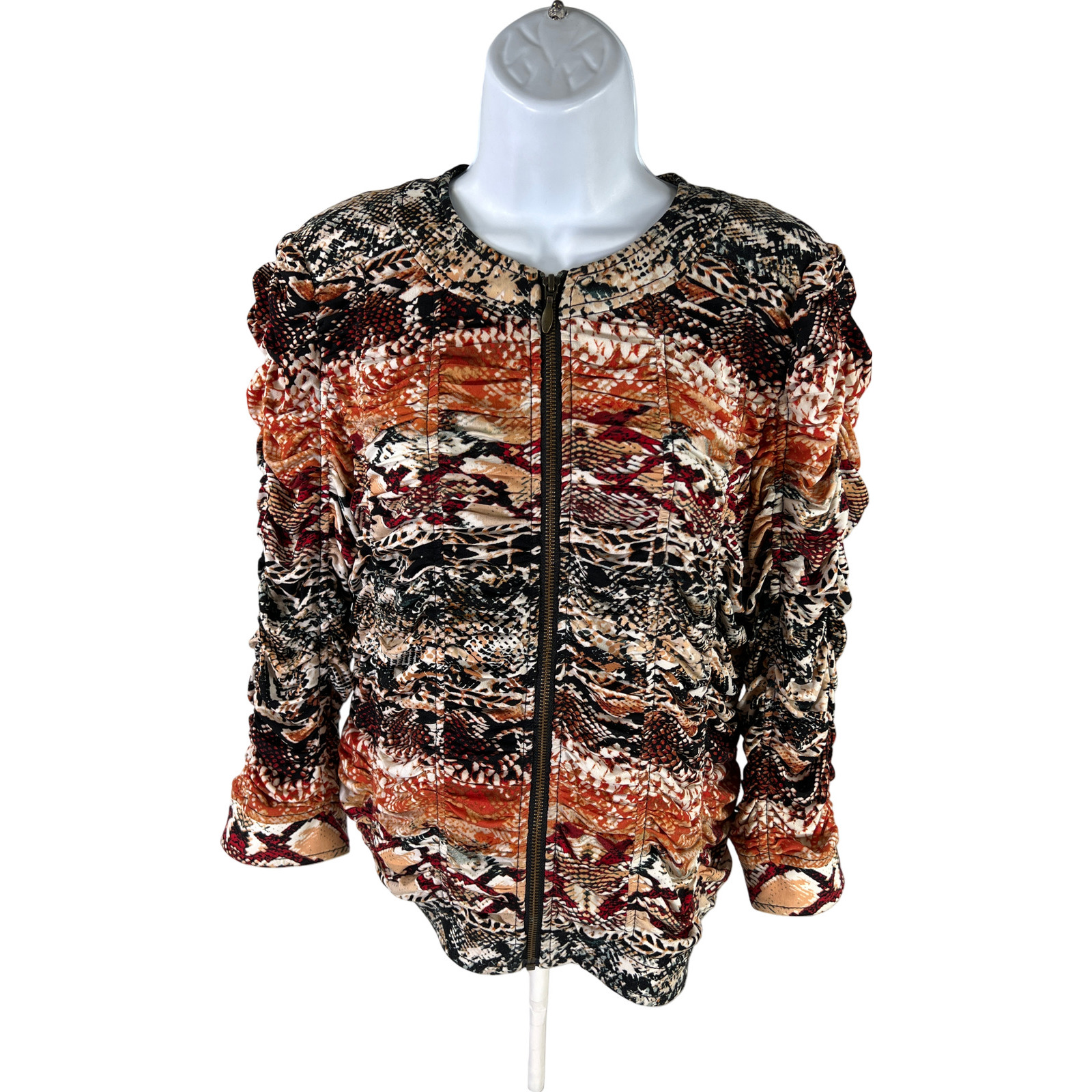 Chico's Women's Brown/Black Ruched 3/4 Sleeve Full Zip Jacket - 1/US M