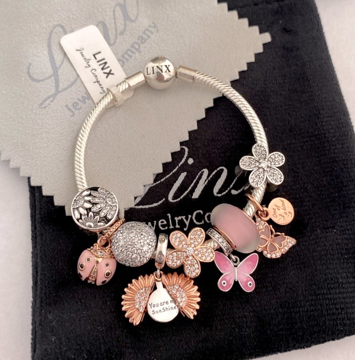 Linx Snake Chain Bracelet with Silver Rose Gold and Pink Themed Charms