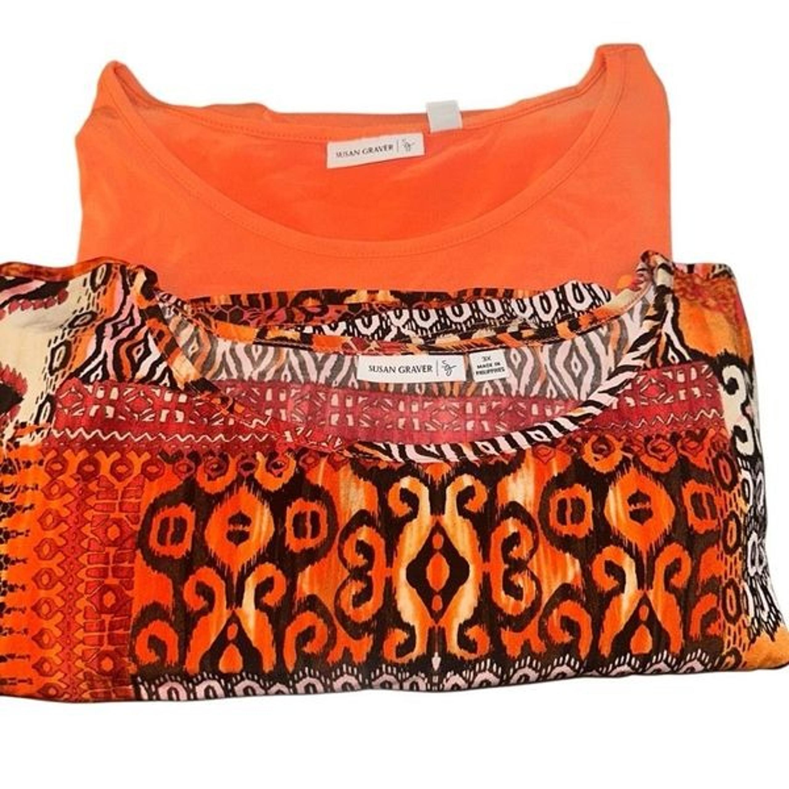 Susan Graver Womens 3X Set of 2 Liquid Knit Tops Patchwork & Solid Orange NWT