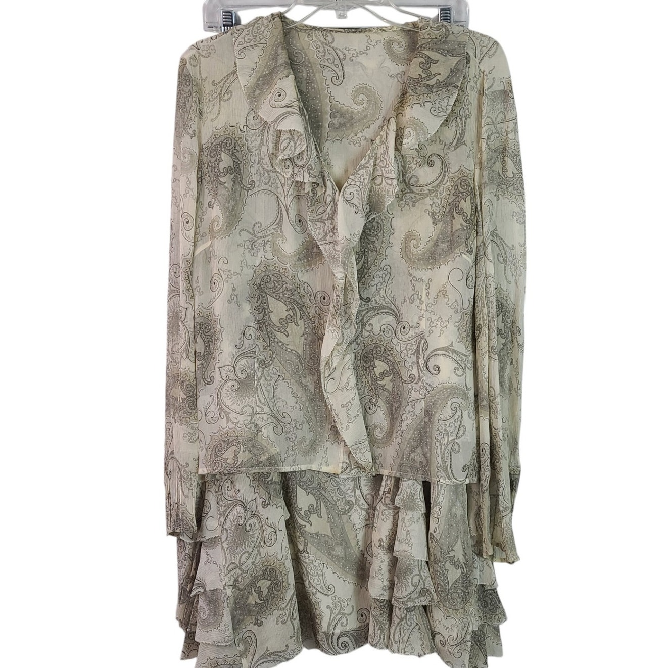 Emanuel Ungaro Cream Gray Paisely Silk 2 Piece Ruffle Maxi Skirt Top Shirt 14