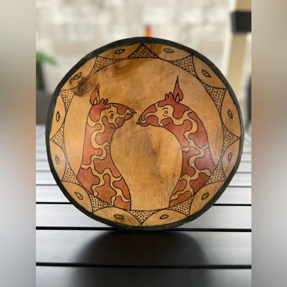 Vintage African Hand-Painted Giraffe Wooden Bowl