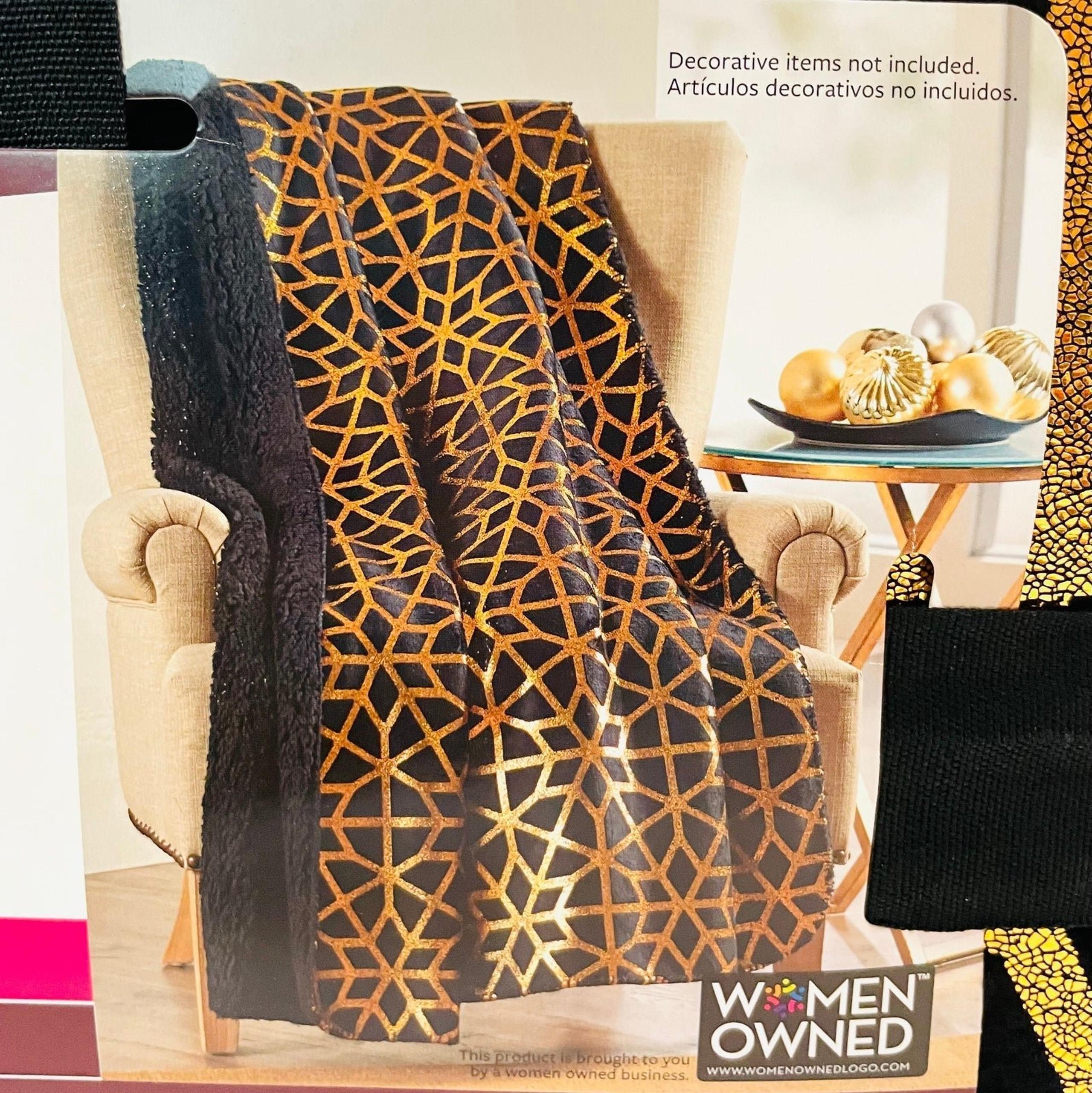 Black and Gold Soft Velvet Plush Throw Sherpa Blanket Better Homes & Gardens NEW