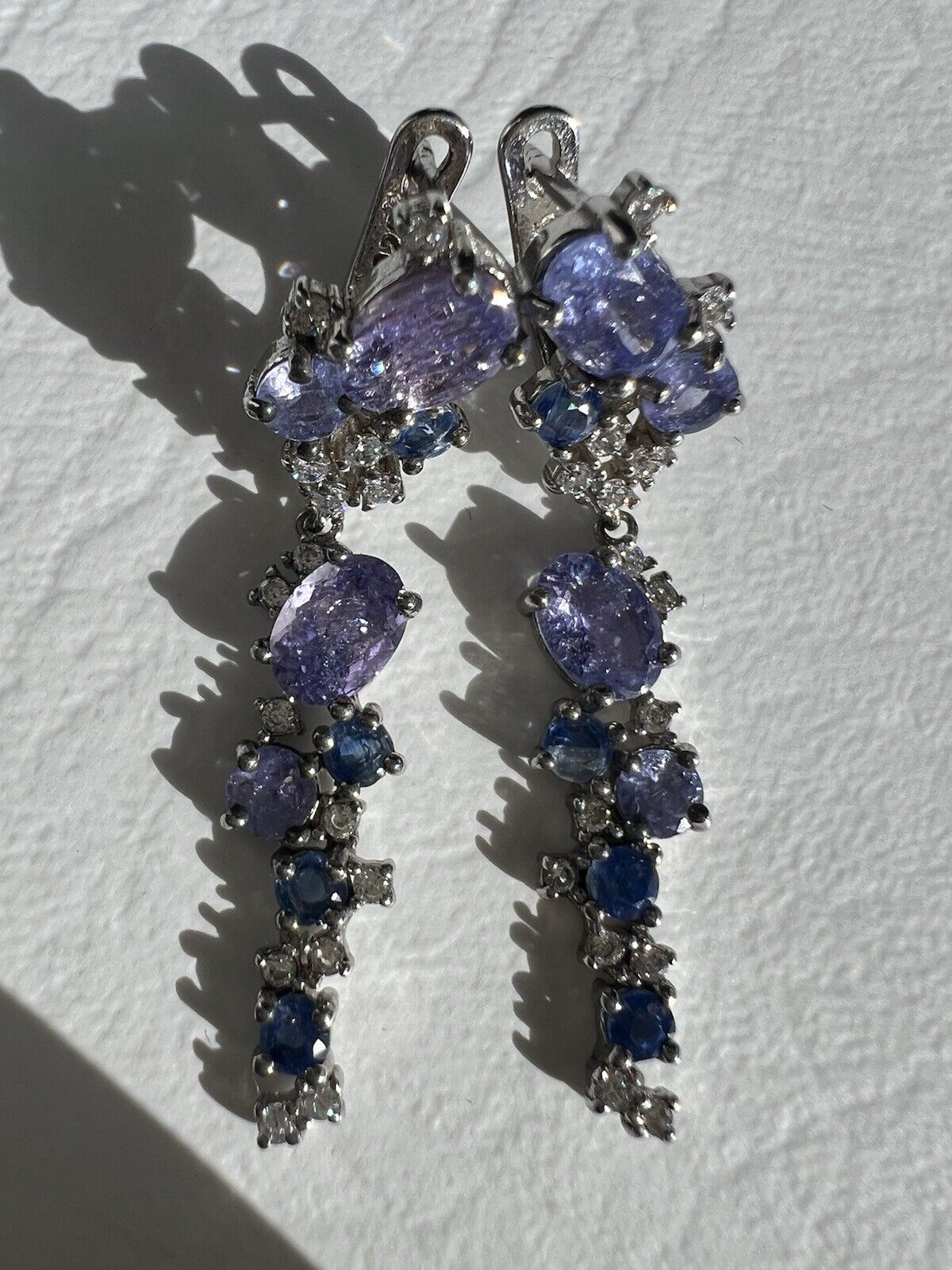 Blue Spinel With Purple & White Cz Drop Earrings 925 Sterling Silver 1.5” Long