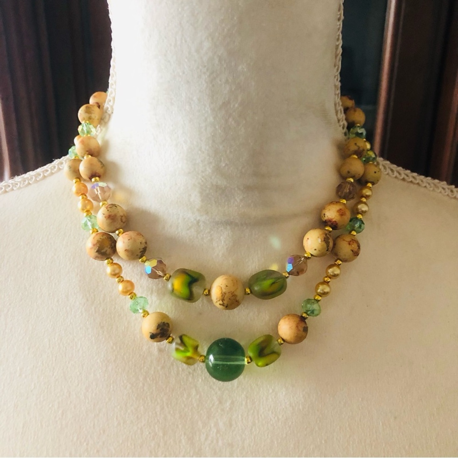 Handcrafted double strand vintage bead rondelle necklace