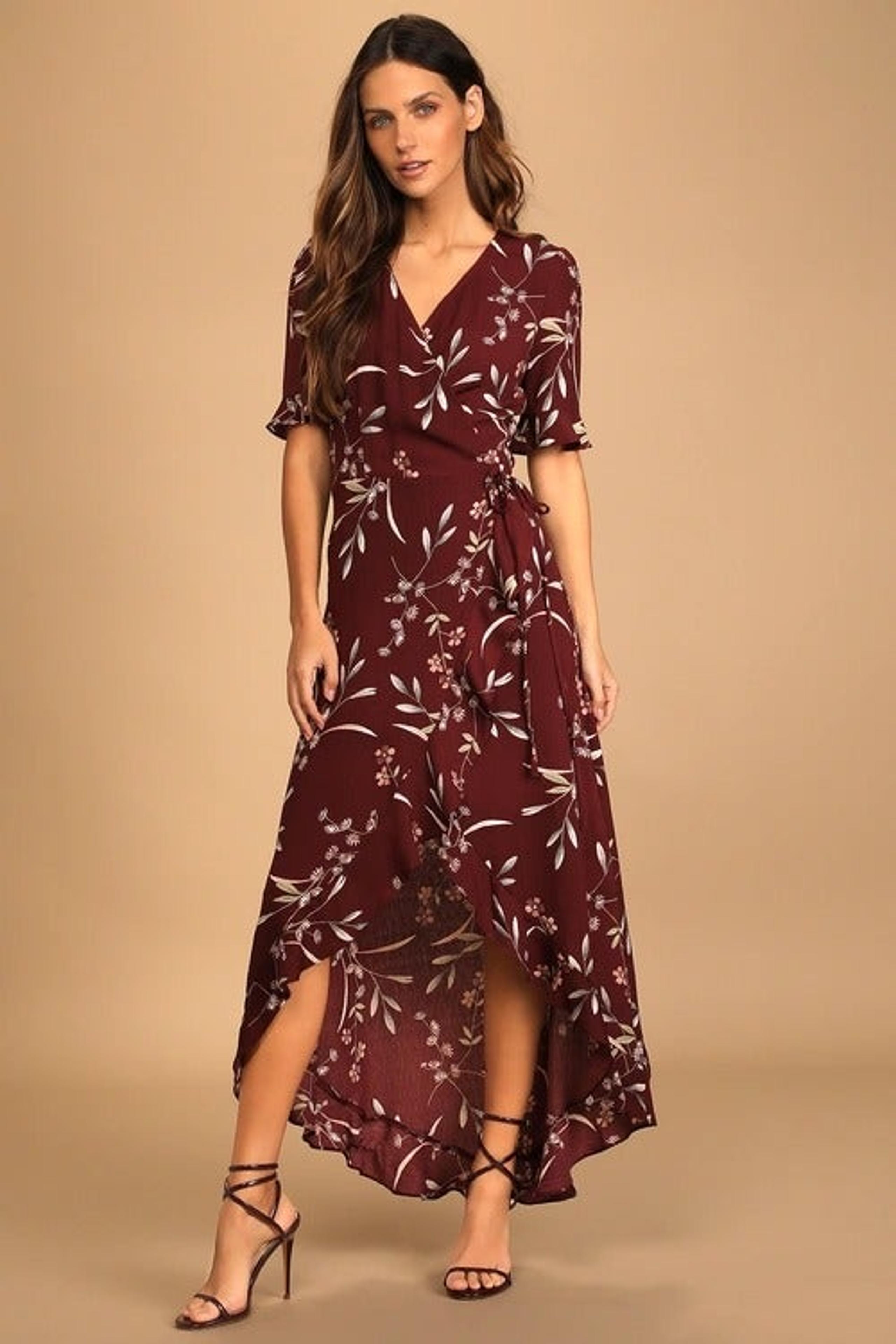 Wild Winds Burgundy Floral Print High-Low Wrap Dress
