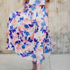 Free People Floral Maxi Skirt Cream Blue Pleated Pull-On Size Medium