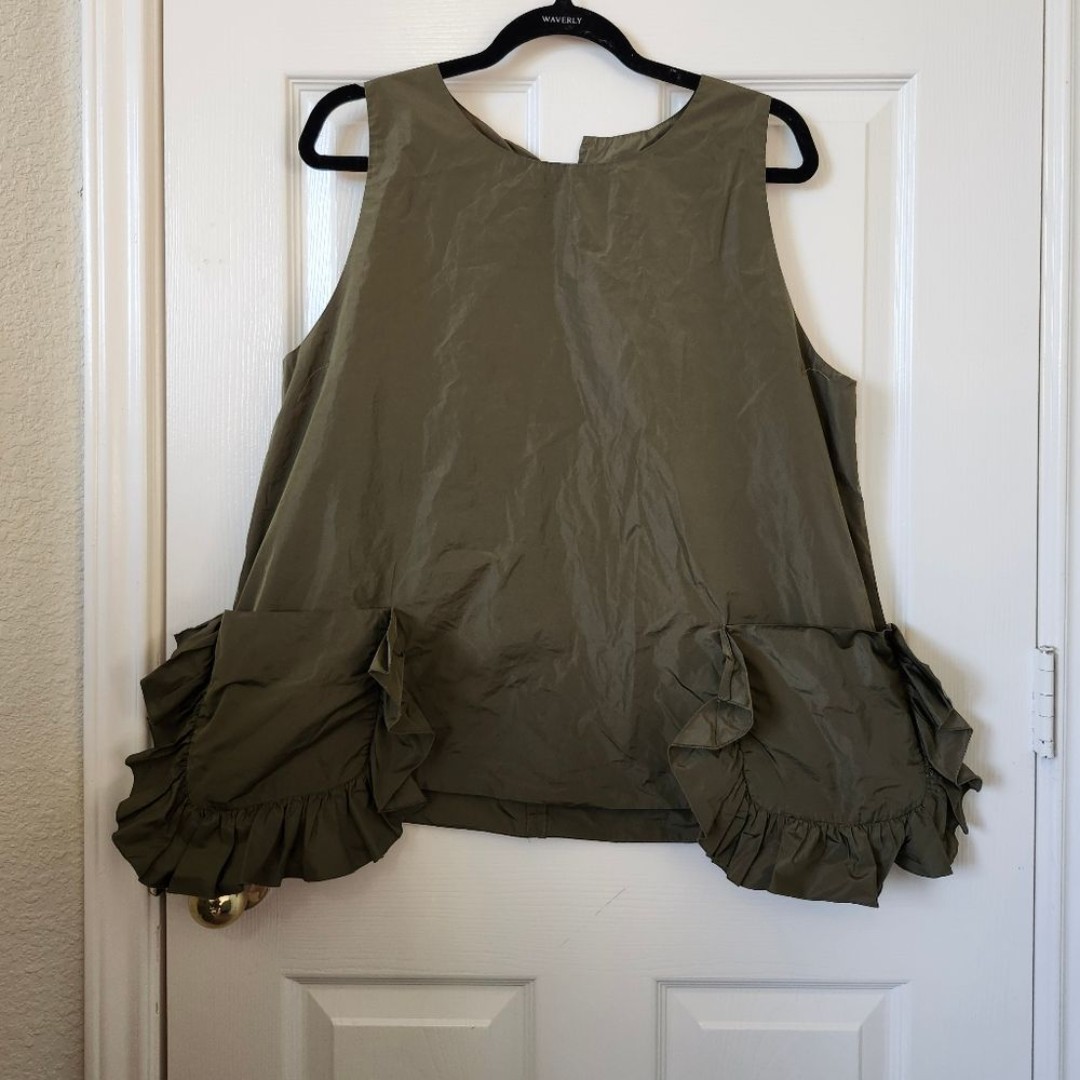 Susanne Bommer Olive Green Ruffle Large Pocket High Neck Sleeveless Oversize Top