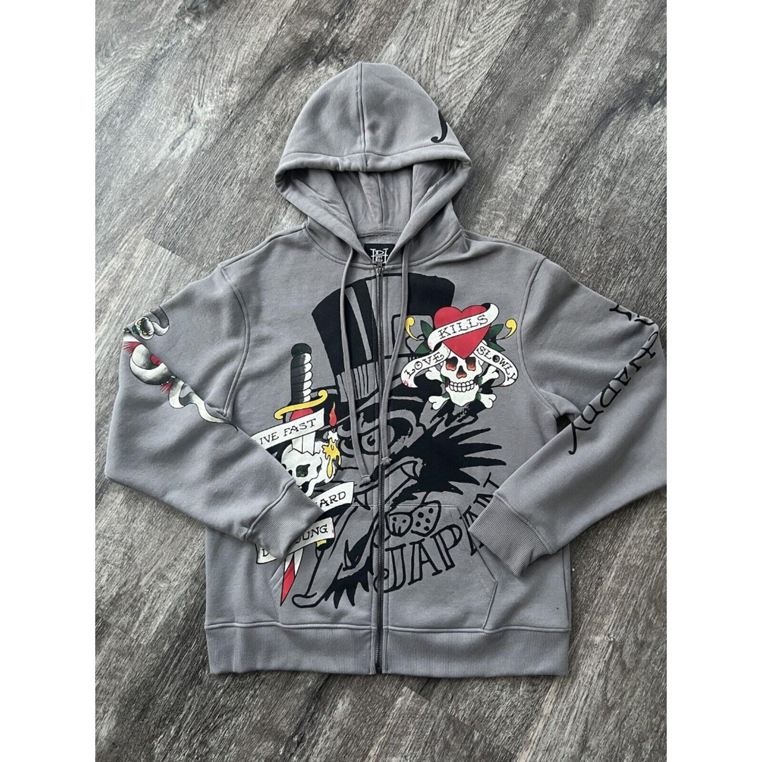 Ed Hardy Zip Up Hoodie Grey Heart Skull Tattoo Love Kills Slowly Y2K Men sz XL