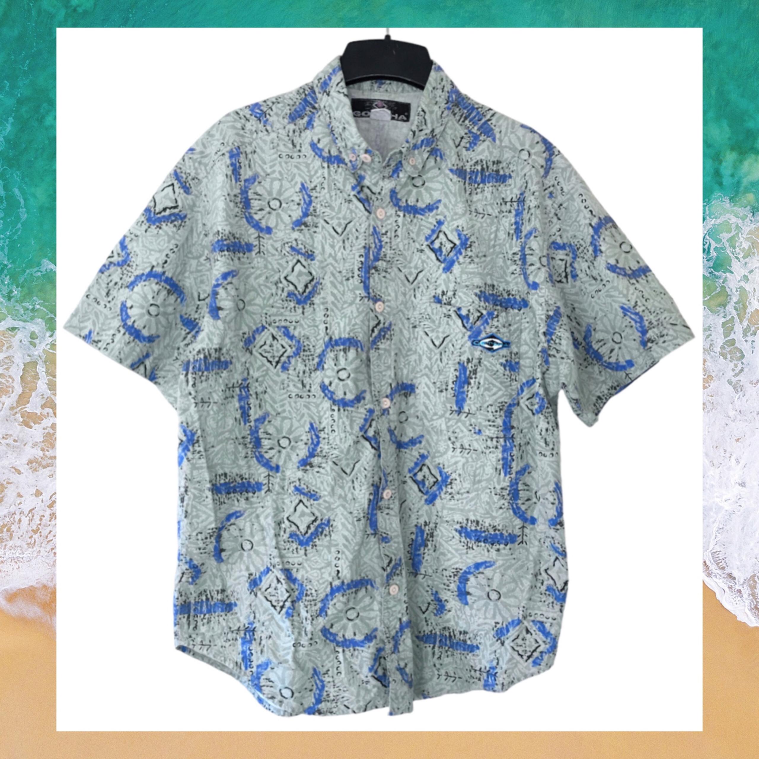Vintage 90s Gotcha Men’s Casual Shirt Gray Blue Abstract Print L XL Beach Summer