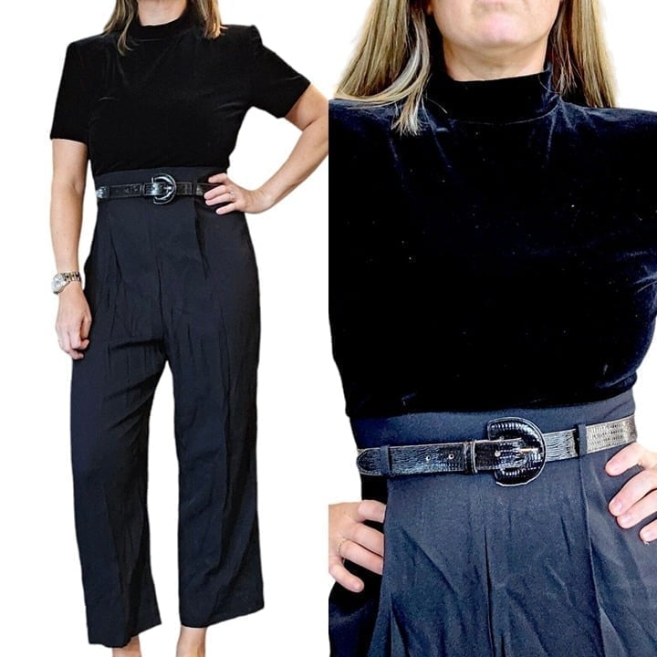 Vintage 90s Womens Size 6 8 Jumpsuit Velvet Belted Evening Business Cropped