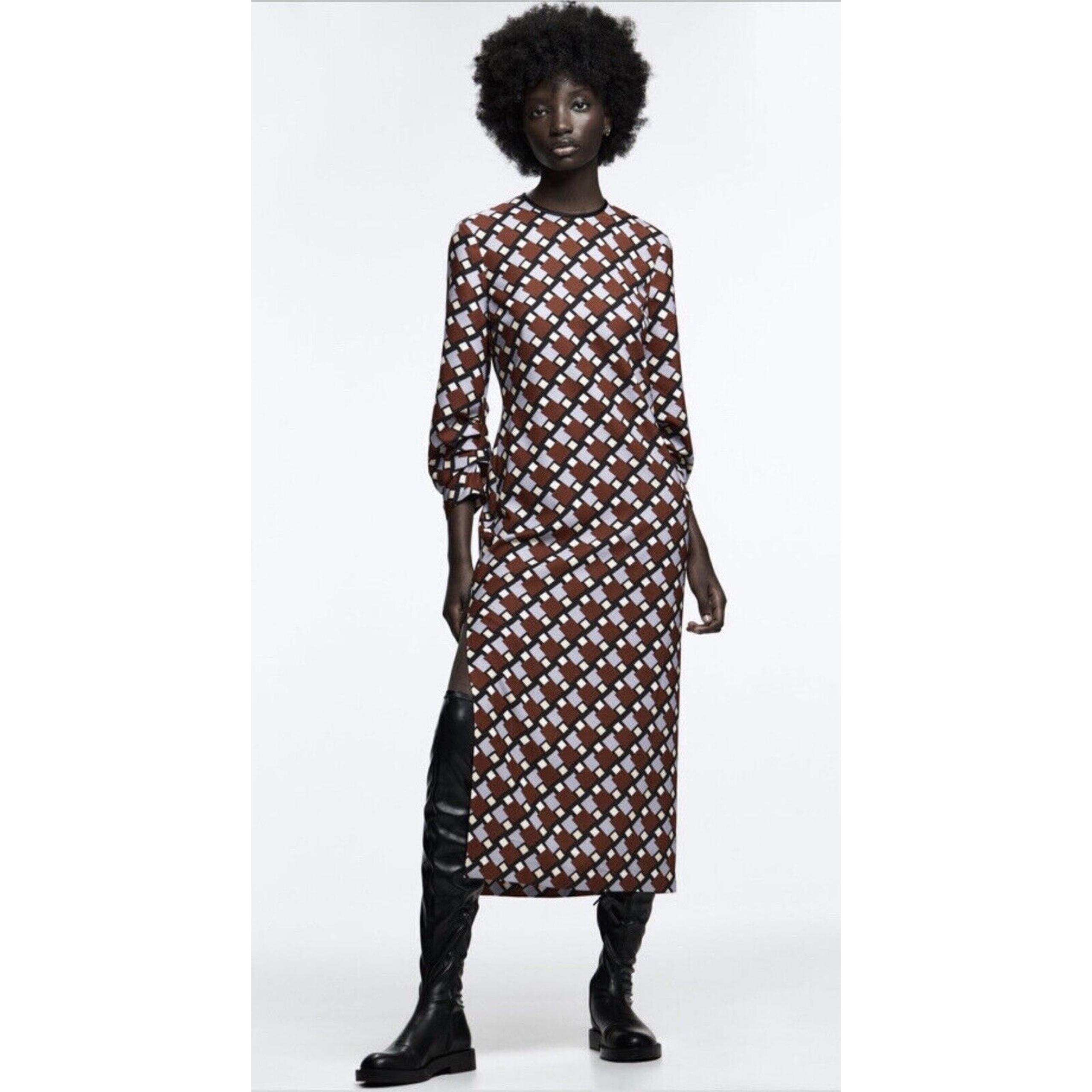 Zara Midi Dress Geometric Ruched 3/4 Sleeves Square Print Zip Back Size Medium