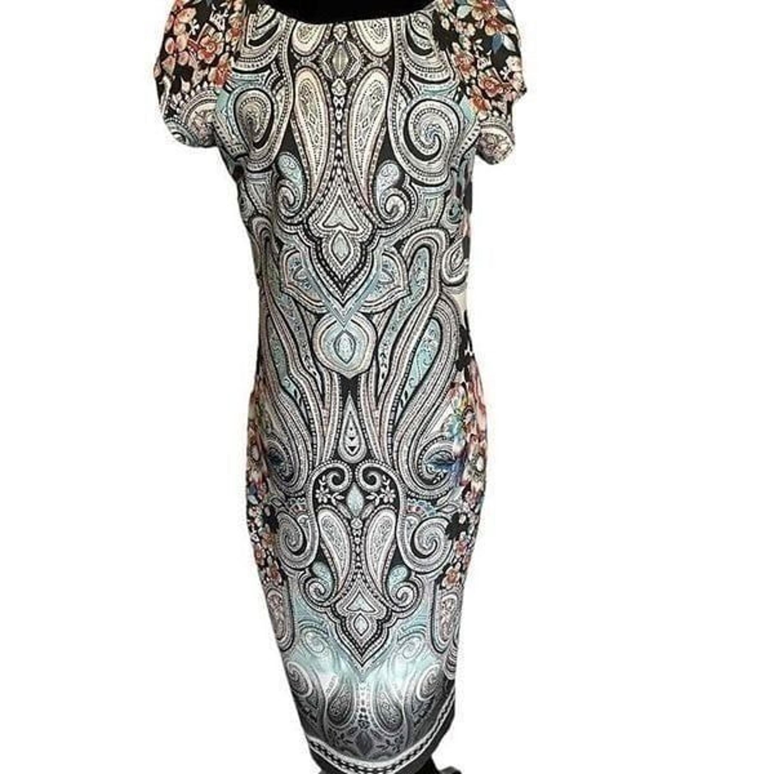 Beige By ECI Short Sleeve Paisley Print Bodycon Dress SZ 8