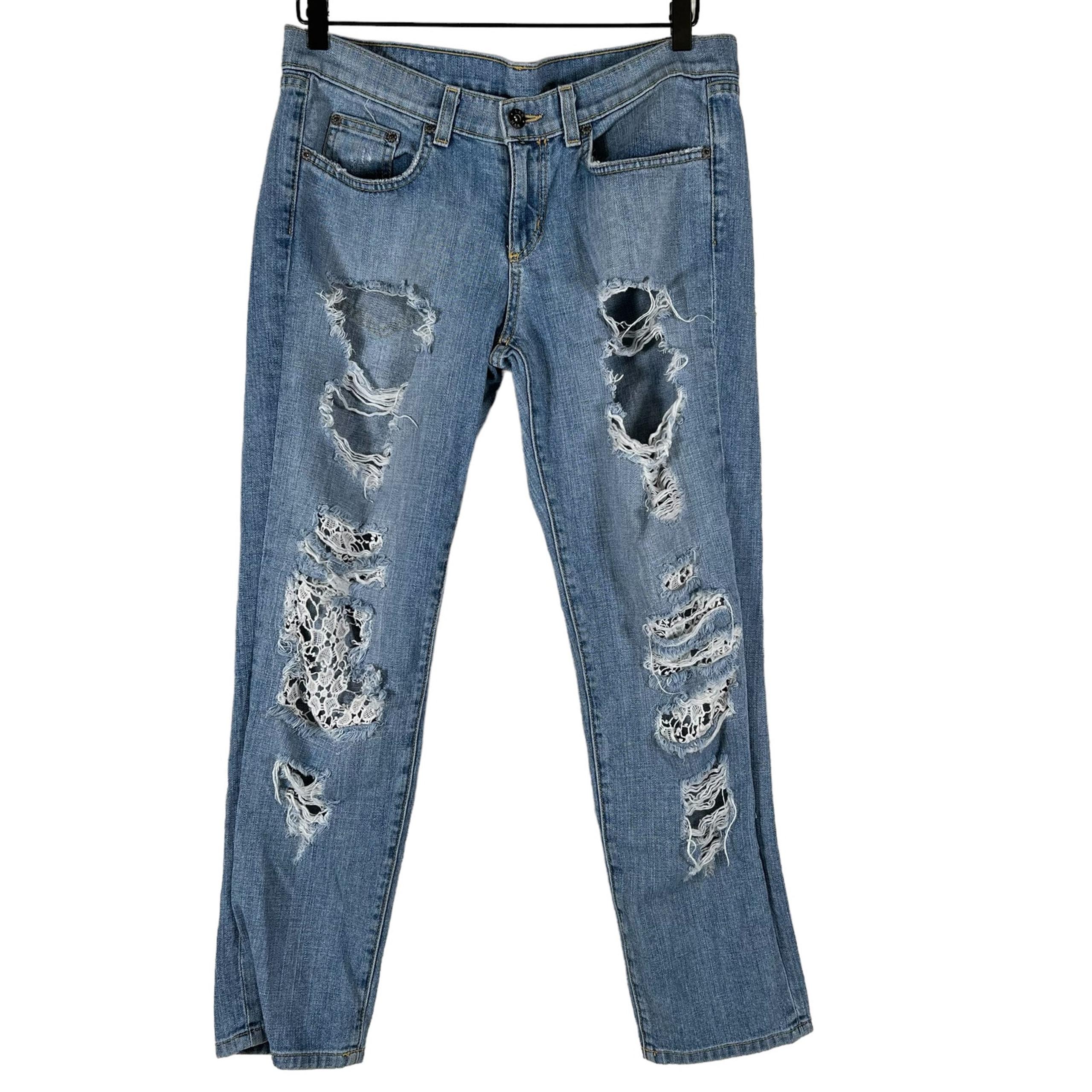 CARMAR Womens Distressed Lace Inset Boyfriend Jeans Light Wash 100% Cotton Sz 27