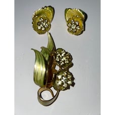 Weiss Green Gold Rhinestone Enamel Flower Pin Brooch & Matching Clip Earrings