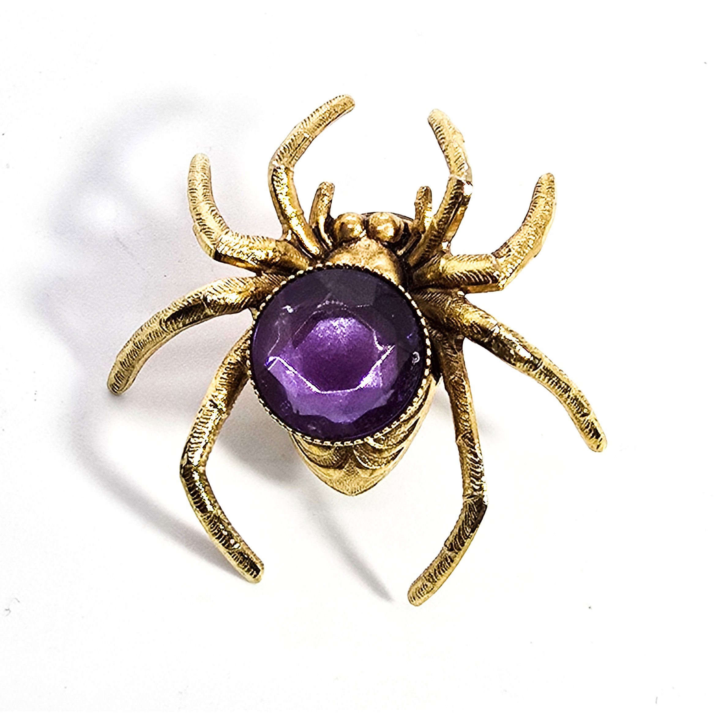 Vintage purple rhinestone gold toned spider insect tie tack brooch lapel pin