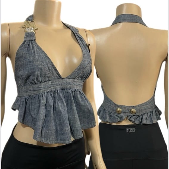 NEW APPLE BOTTOMS Vintage Embellished metallic apple Halter top denim Small