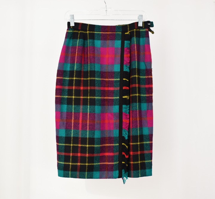 Wool plaid pencil skirt size 6, 90s casual colorful midi skirt