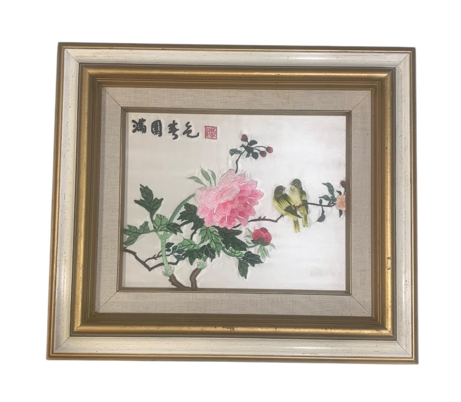 Vintage Japanese Silk Embroidery Handmade Framed Birds Flower Blossom Picture