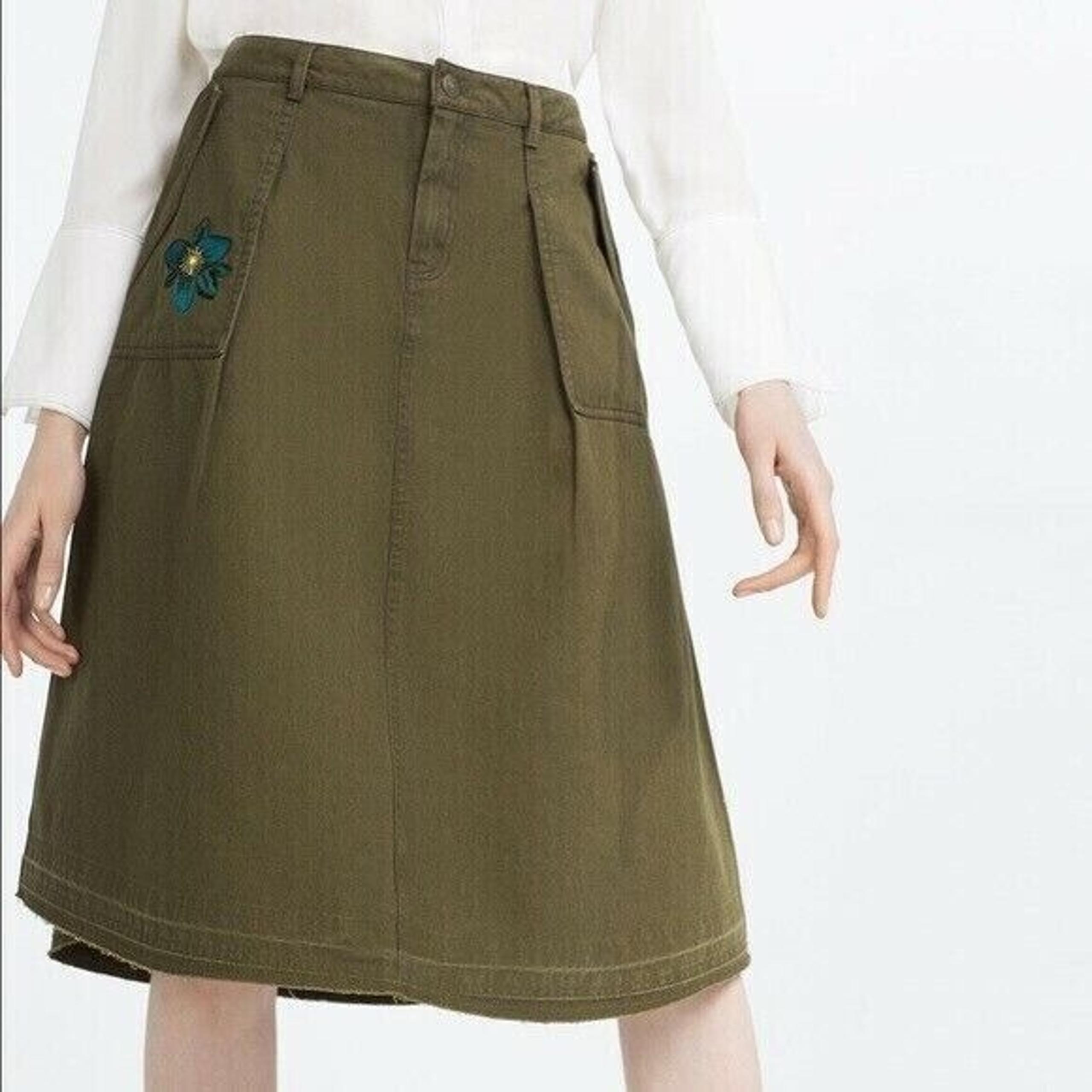 Zara Denim Cotton Casual Embroidery Floral A-Line Skirts for Women Green Size XS